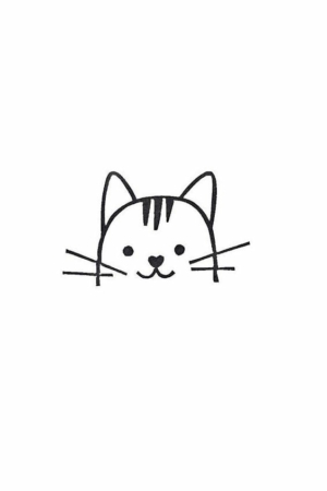 Ilustração simples em preto e branco da cara de um gato sorridente com três listras na testa, perfeita para pequenos desenhos. Para desenhar -