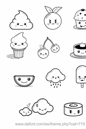 Rostos fofos de desenhos animados em vários alimentos e objetos, como cupcakes, frutas, sushi e nuvens — designs pequenos perfeitos para desenhar! Para desenhar -