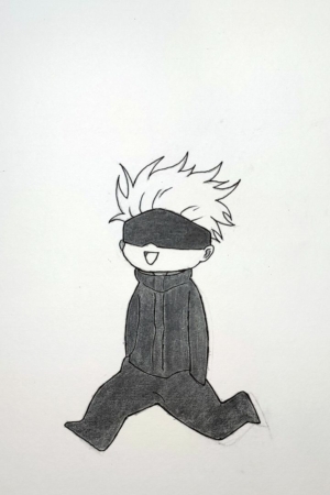 Desenho chibi de um personagem pequeno com cabelo espetado, venda preta e roupas pretas, caminhando alegremente. Para desenhar -