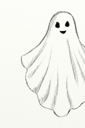 Um pequeno desenho de um fantasma sorridente com olhos pretos e uma aparência semelhante a um lençol. Para desenhar -