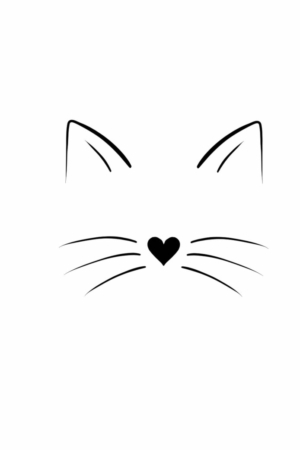 Desenho minimalista do rosto de um gato com orelhas pontudas, bigodes e nariz em formato de coração sobre fundo branco. Um pequeno toque de arte perfeito para quem ama desenhar. Para desenhar -