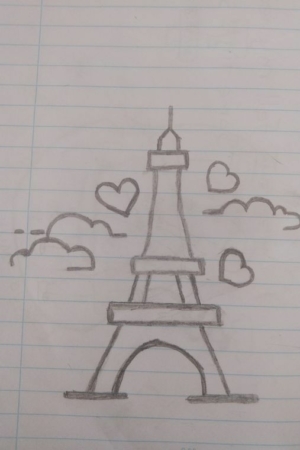 Um pequeno esboço a lápis da Torre Eiffel com corações e nuvens ao redor em papel pautado, perfeito para quem gosta de desenhar. Para desenhar -