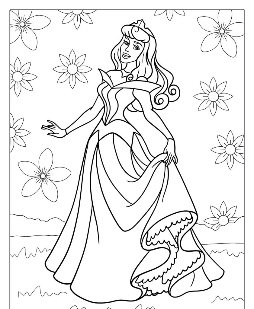 Uma princesa usando um vestido e uma coroa, parada em um campo com flores ao fundo, lembrando a magia encantadora da Disney encontrada em desenhos para colorir.