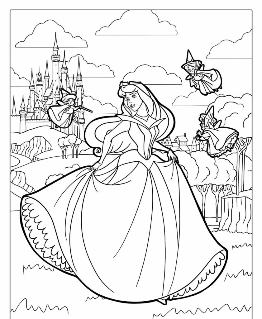 Uma princesa em um vestido esvoaçante com três fadas voando ao redor dela, e um castelo ao fundo. Desenhos para colorir com princesas da Disney.