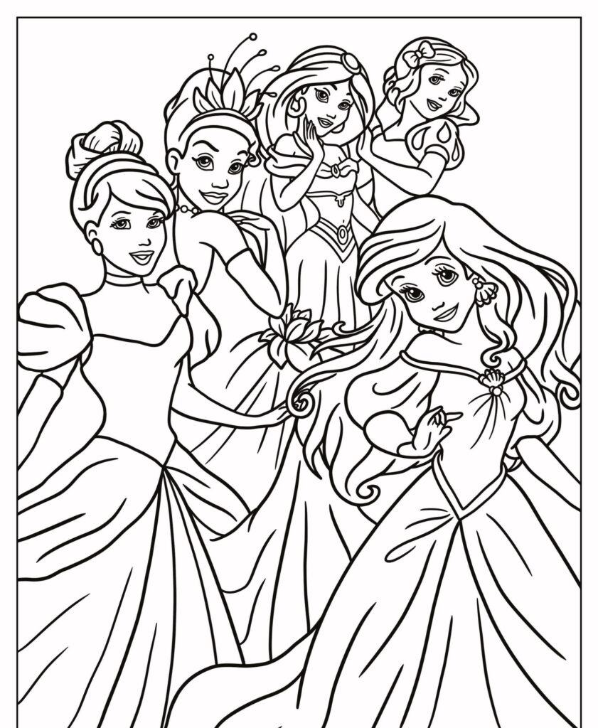 Imagem de página para colorir de cinco princesas em vestidos elegantes sorrindo e posando juntas. Essas princesas da Disney criam uma cena mágica, perfeita para sua coleção de desenhos para colorir.