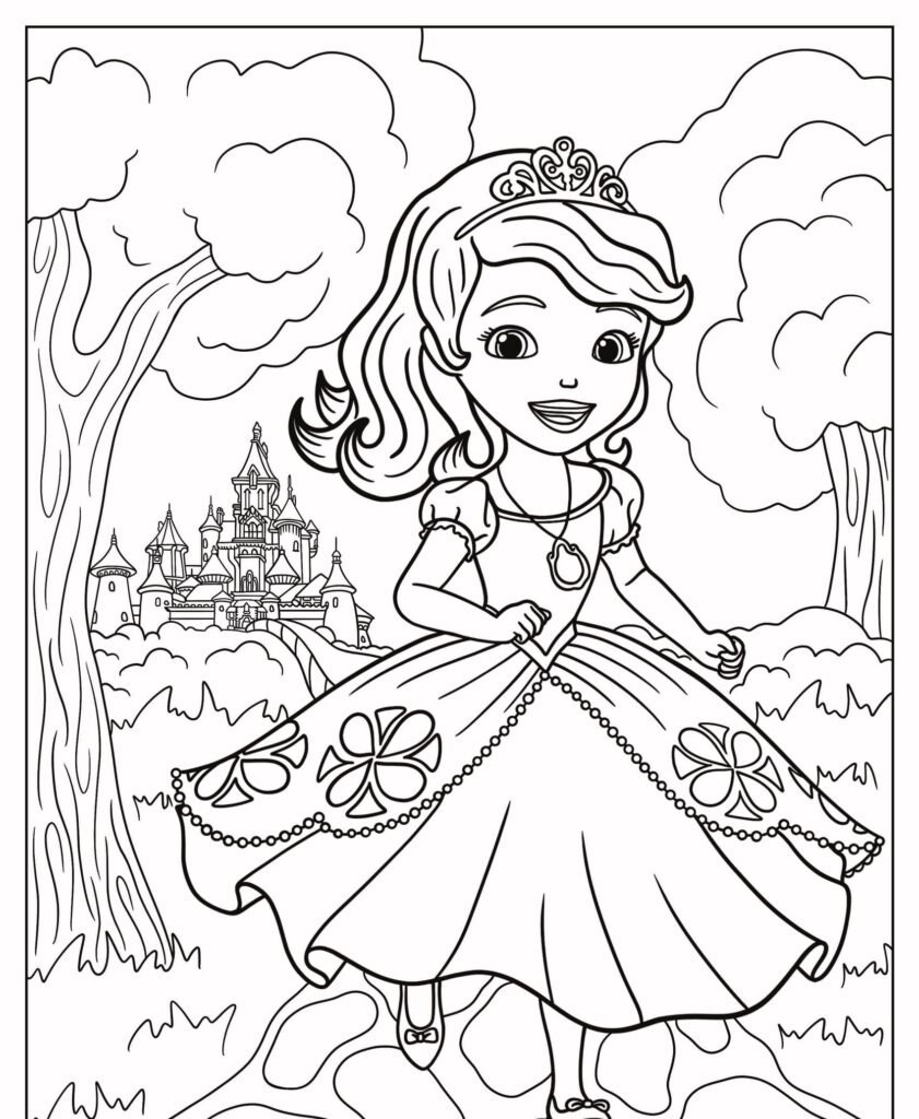 Uma princesa sorridente em um vestido elegante corre alegremente por uma floresta com um castelo ao fundo, parecendo ter saído diretamente de um daqueles desenhos para colorir mágicos *princesas da Disney*.