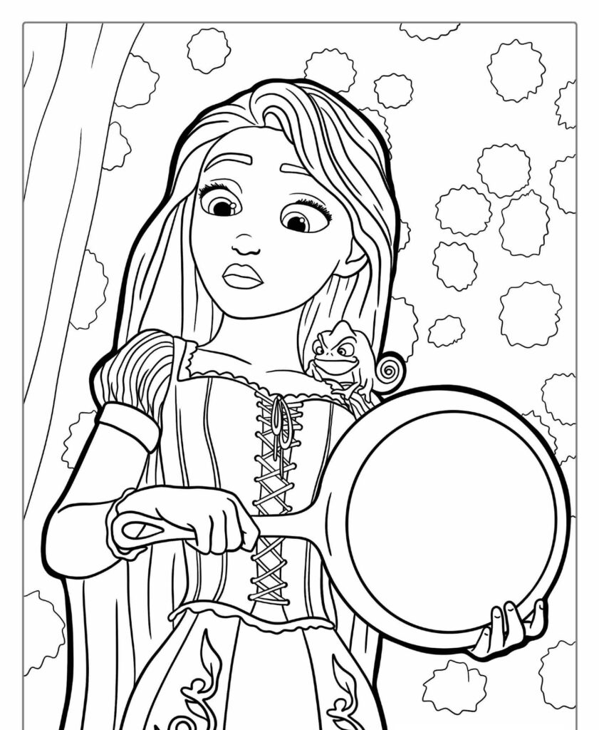 Uma princesa de desenho animado, que lembra as princesas da Disney, segura uma panela com um camaleão no ombro, parecendo preocupada. Esta cena seria uma excelente adição às coleções de desenhos para colorir.