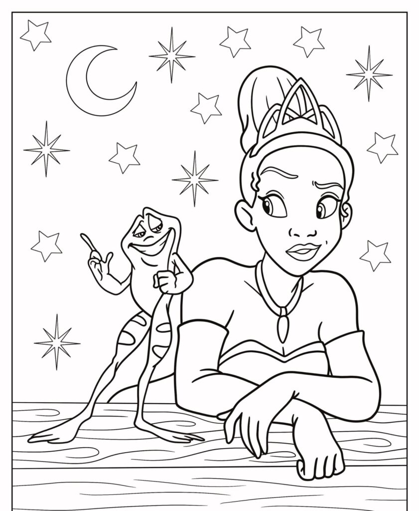 Uma princesa se inclina em uma saliência enquanto um sapo gesticula atrás dela. O céu está decorado com estrelas e uma lua crescente, criando o cenário perfeito para desenhos para colorir inspirados nas princesas da Disney.