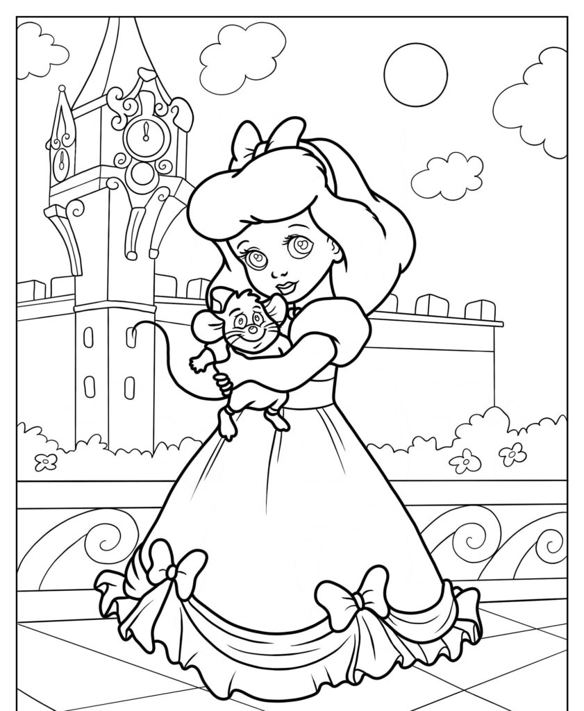 Uma princesa em um vestido segurando um gato, em pé em uma sacada com um castelo e torre do relógio ao fundo, lembrando princesas da Disney. Ideal para fãs de desenho para colorir.