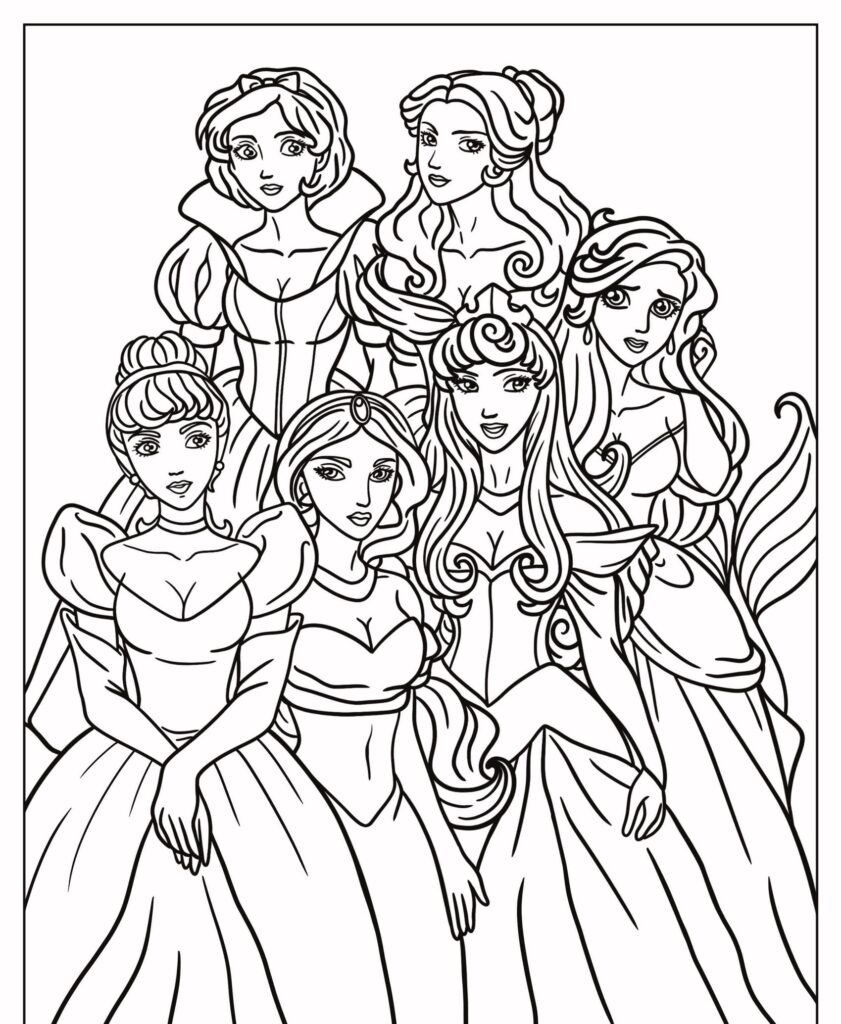 Desenhos para colorir com seis princesas da Disney juntas em vestidos elegantes e tiaras. Página para colorir em preto e branco ideal para horas de diversão criativa.