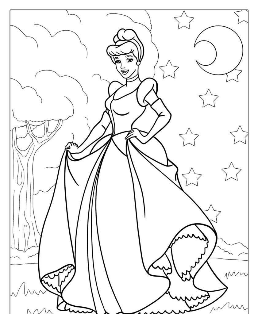 A princesa em seu elegante vestido posa à noite sob um céu estrelado, com a lua crescente e uma árvore ao fundo, parecendo saída dos desenhos para colorir de princesas da Disney.