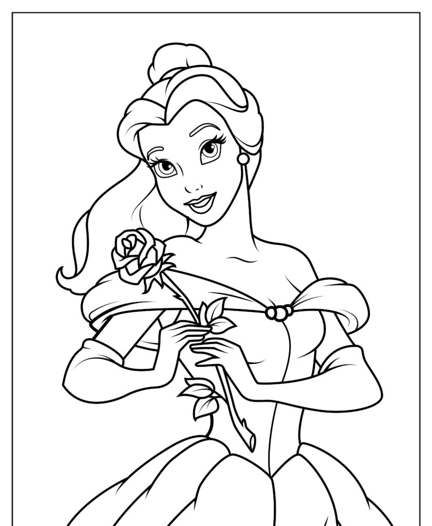 Desenho de uma princesa segurando uma rosa, usando um vestido com mangas de ombro caído e sorrindo calorosamente. Perfeito para quem ama princesas da disney ou está procurando desenhos para colorir.