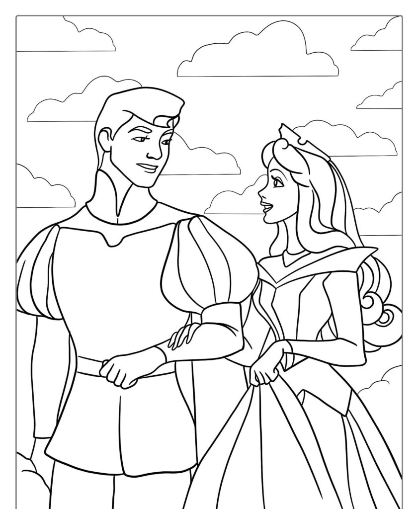 Uma princesa e um príncipe estão juntos, olhando um para o outro contra um fundo de nuvens. Esta página para colorir captura a magia e o romance frequentemente vistos em desenhos das princesas.