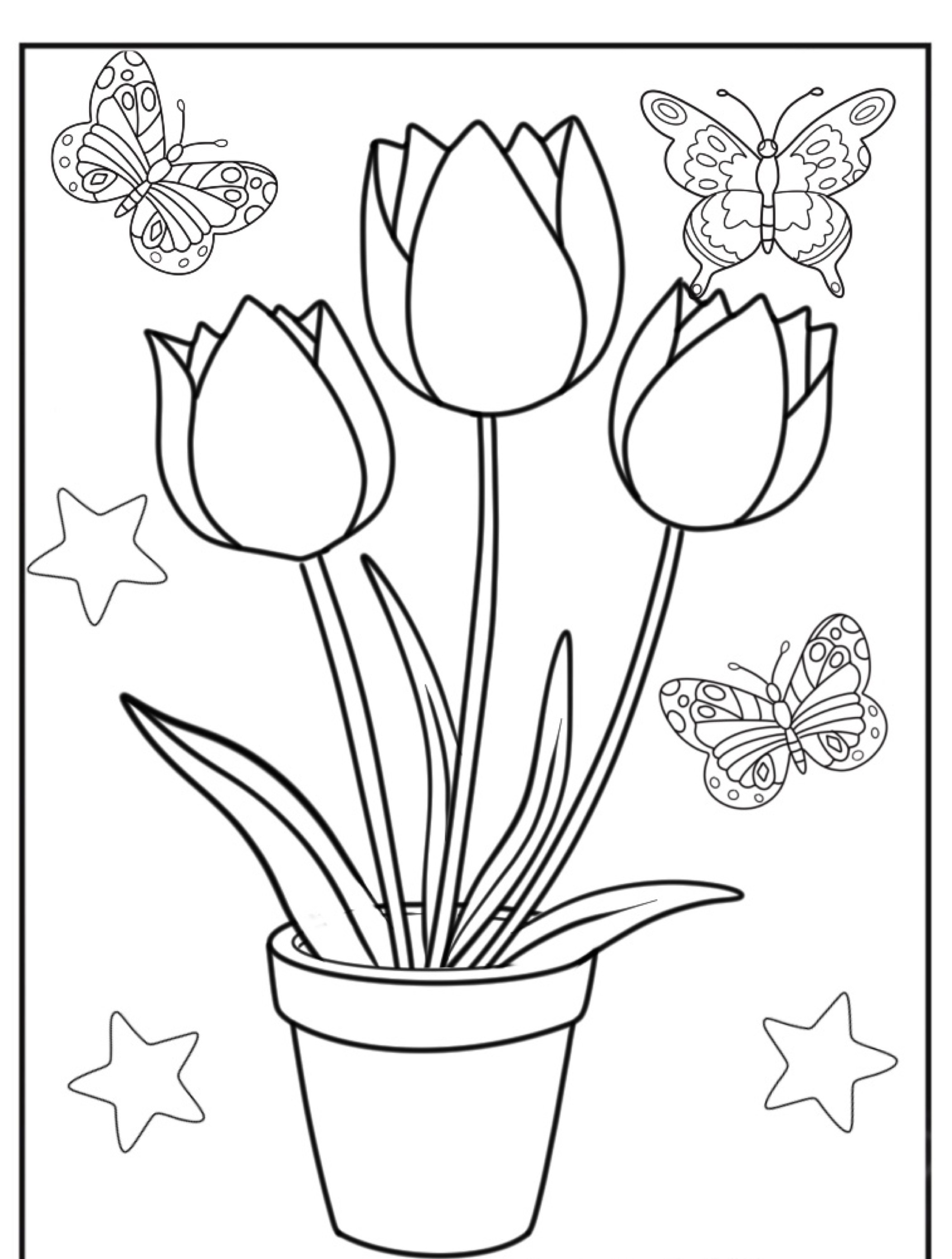 Uma página para colorir com três tulipas em um vaso, borboletas e estrelas ao redor delas para você colorir e imprimir.