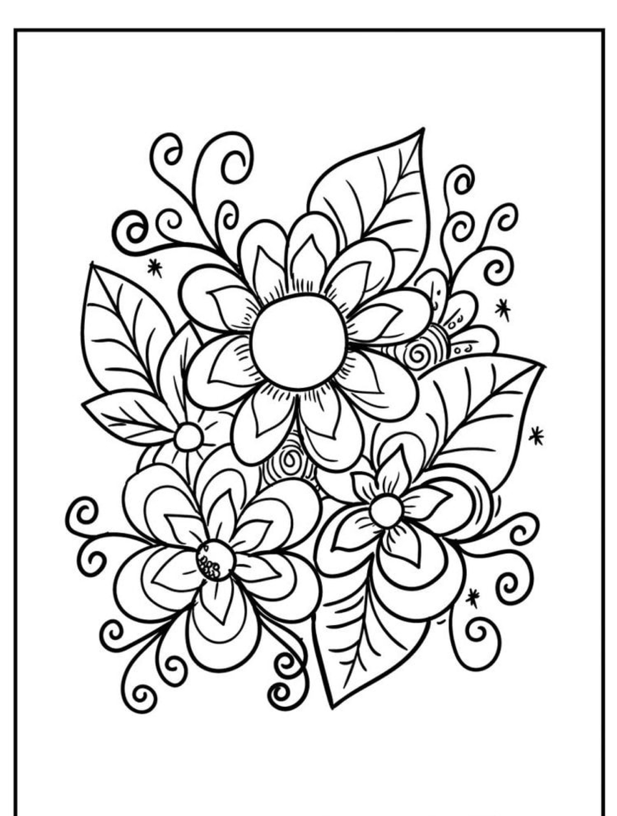 Desenho de flores em preto e branco com folhas, redemoinhos decorativos e detalhes, perfeito para colorir ou imprimir.