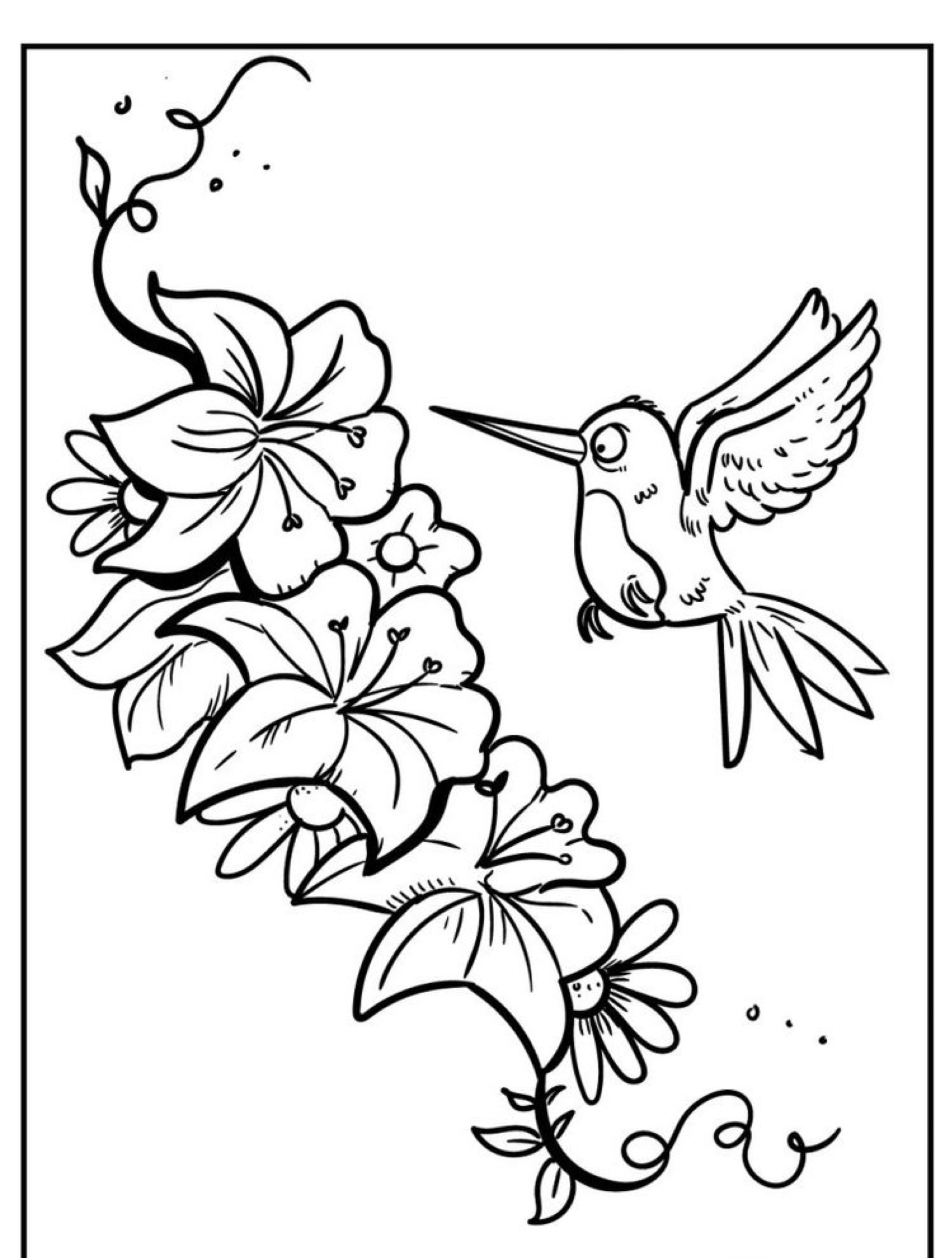 Um desenho de um beija-flor se aproximando de um aglomerado vertical de flores com folhas e trepadeiras, perfeito para quem quer imprimir desenhos.