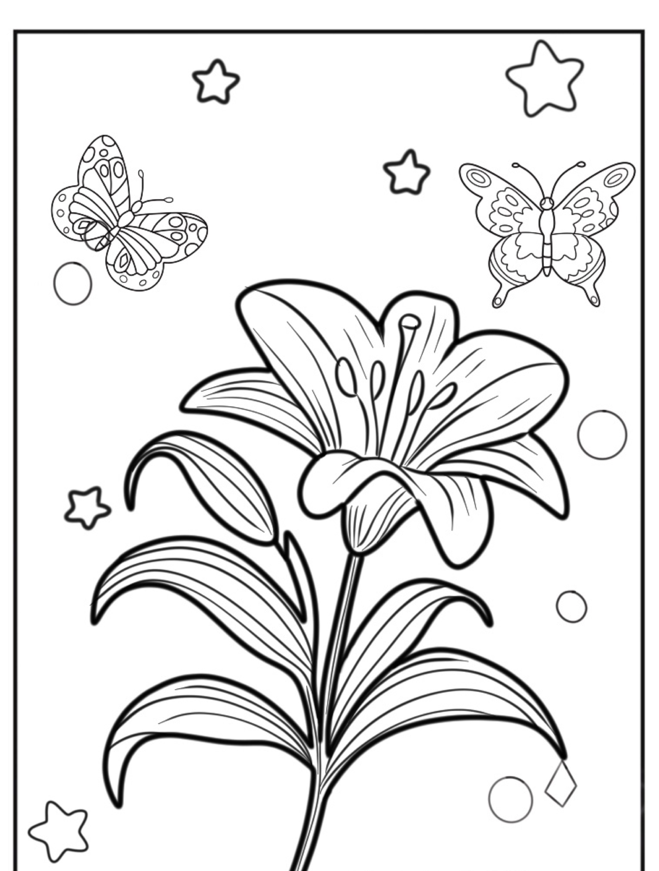 Uma página para colorir com uma flor grande com duas borboletas e várias estrelas ao redor, perfeita para colorir e imprimir.