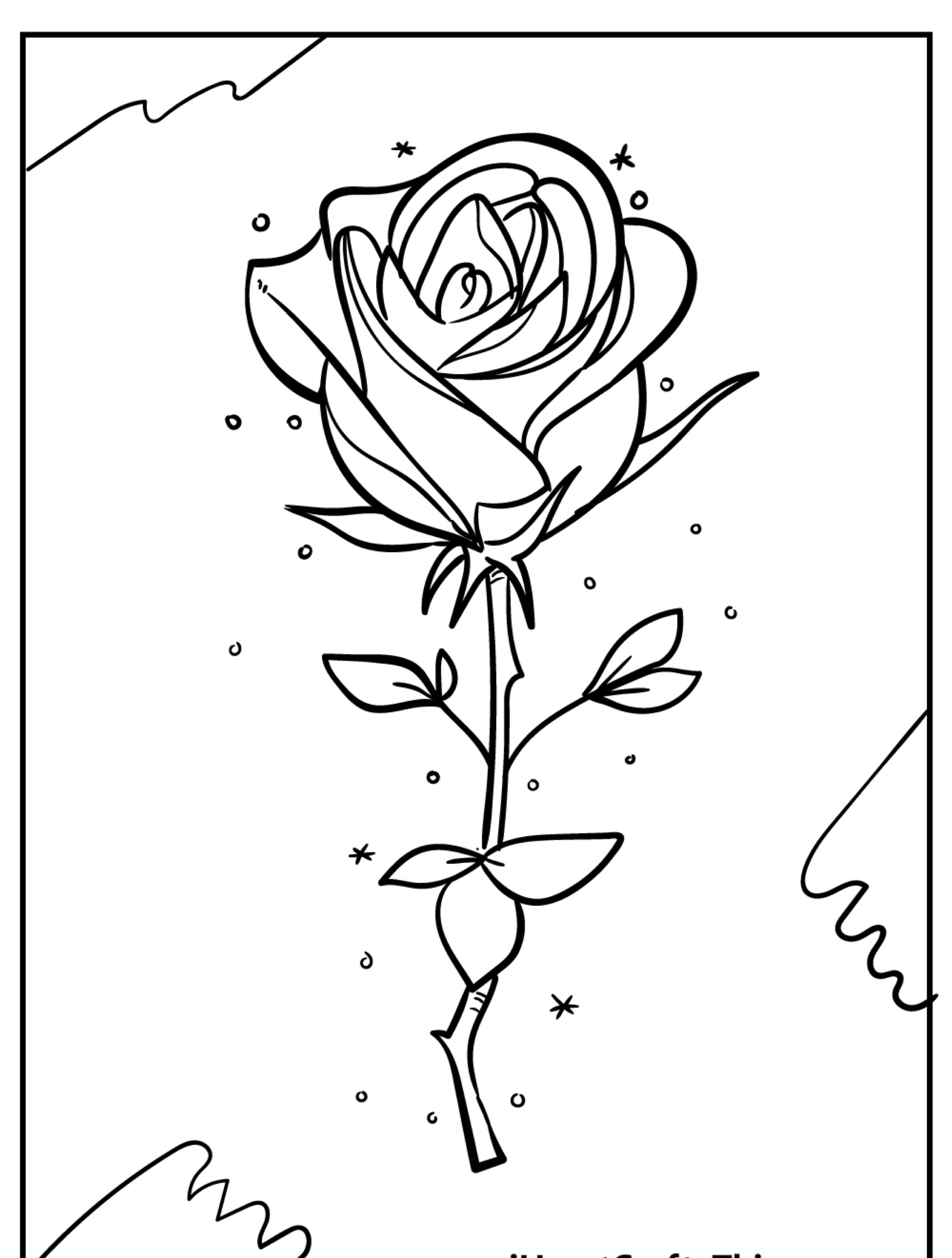 Uma ilustração em preto e branco de uma única rosa com pequenas estrelas e pontos ao redor, perfeita para flores para colorir ou imprimir.