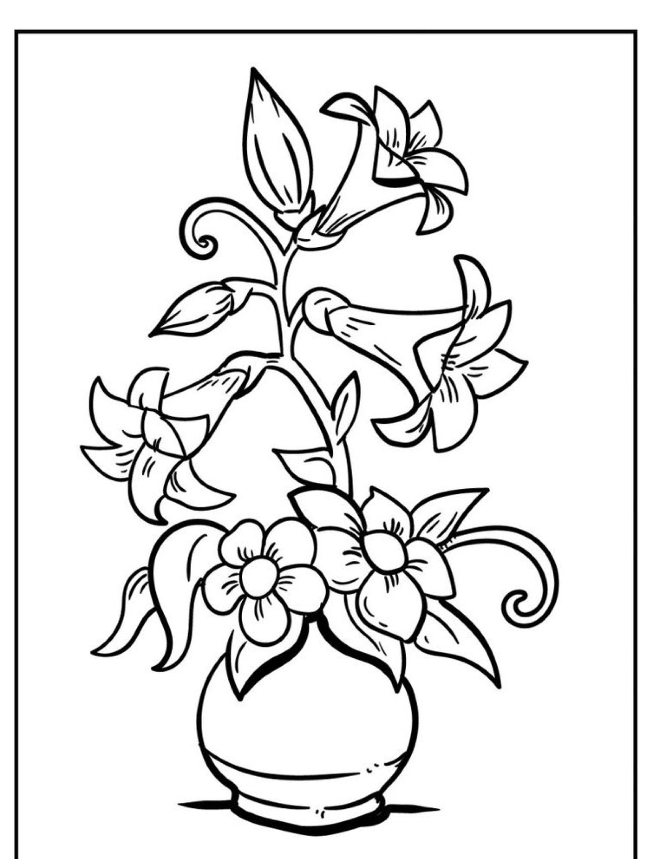 Desenho de um vaso com flores desabrochando, com folhas e pétalas intrincadas em um estilo delicado e artístico, perfeito para colorir ou imprimir como um lindo desenho de flores.