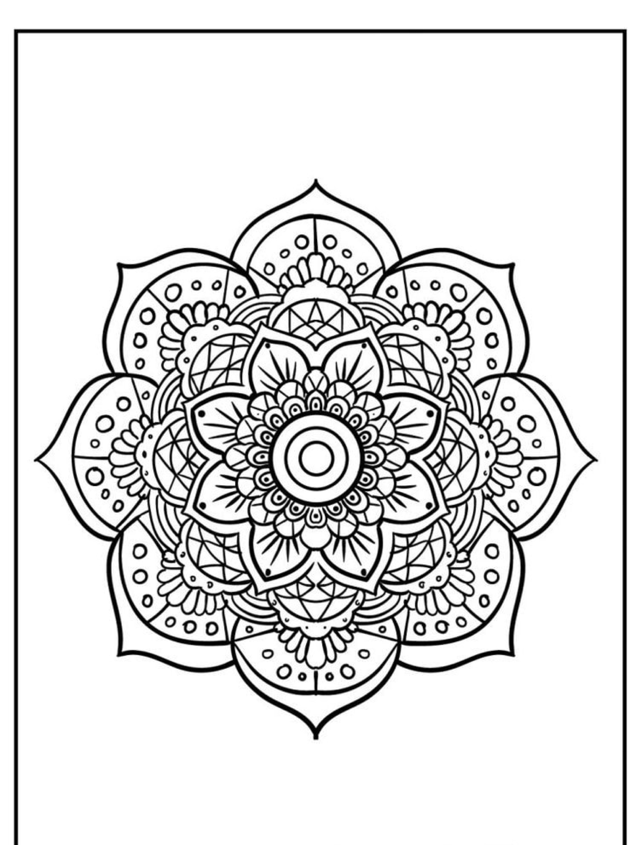 Página para colorir mandala com um padrão simétrico complexo com formas geométricas detalhadas e desenhos florais, perfeita para colorir e imprimir.