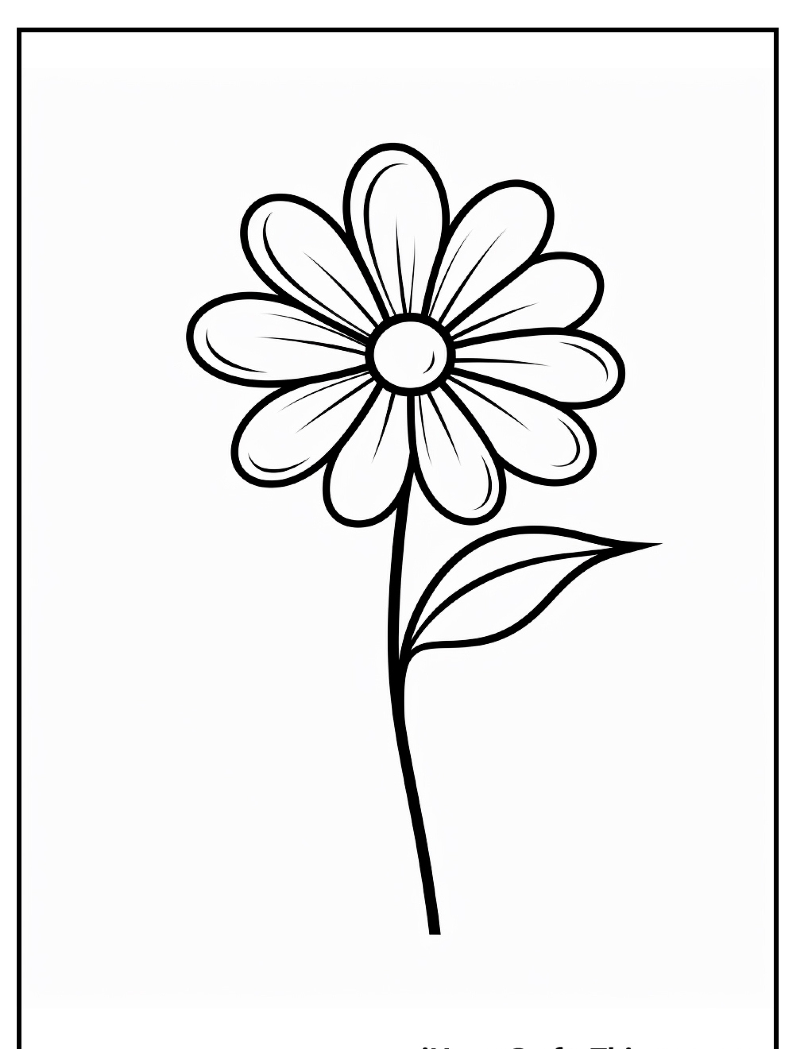 Um desenho para colorir em preto e branco com uma flor com um centro redondo, oito pétalas, um caule e duas folhas.