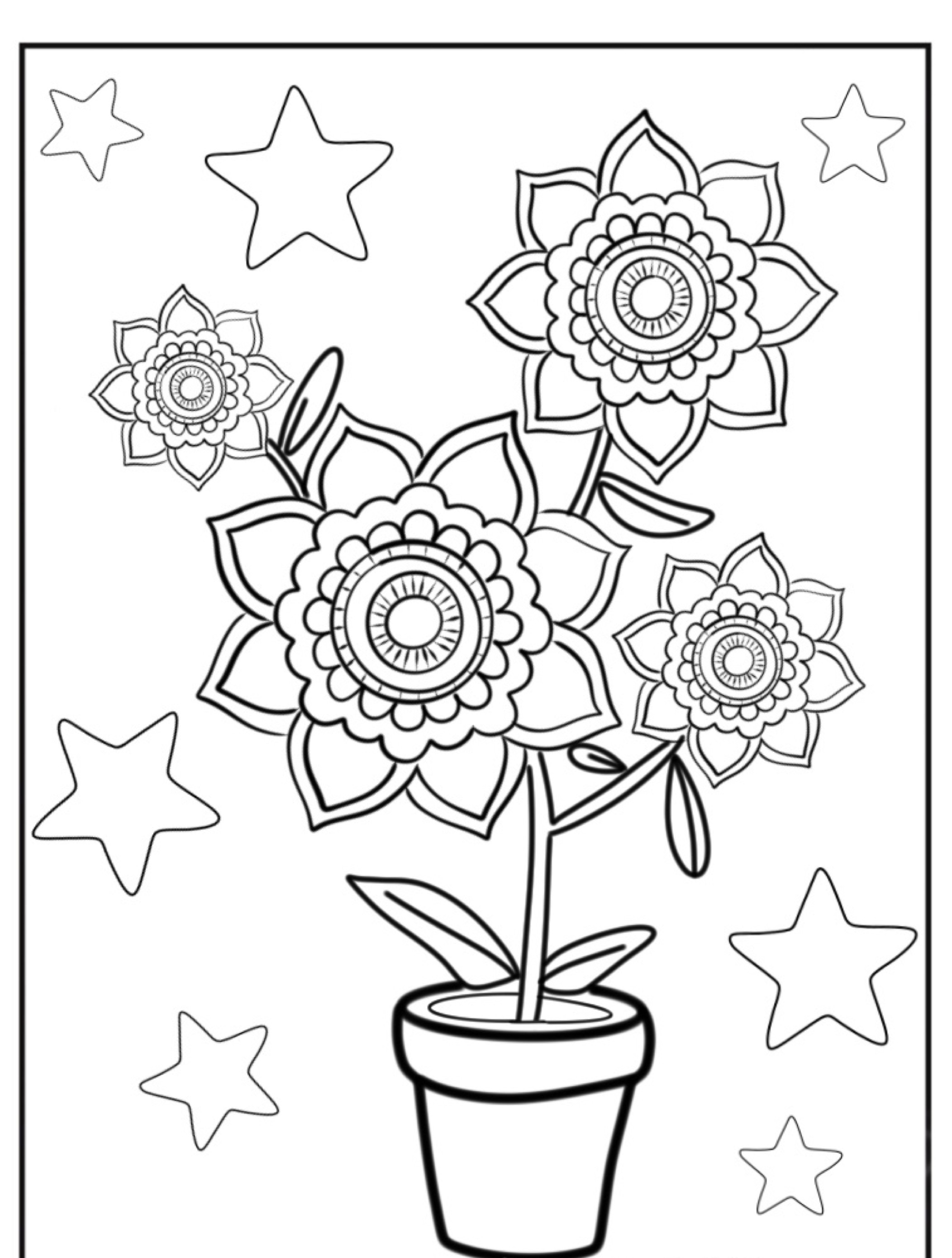 Uma página para colorir em preto e branco com uma flor em vaso cercada por estrelas, perfeita para colorir. Este desenho de flores facilmente imprimível é ideal para adicionar seus próprios tons vibrantes.