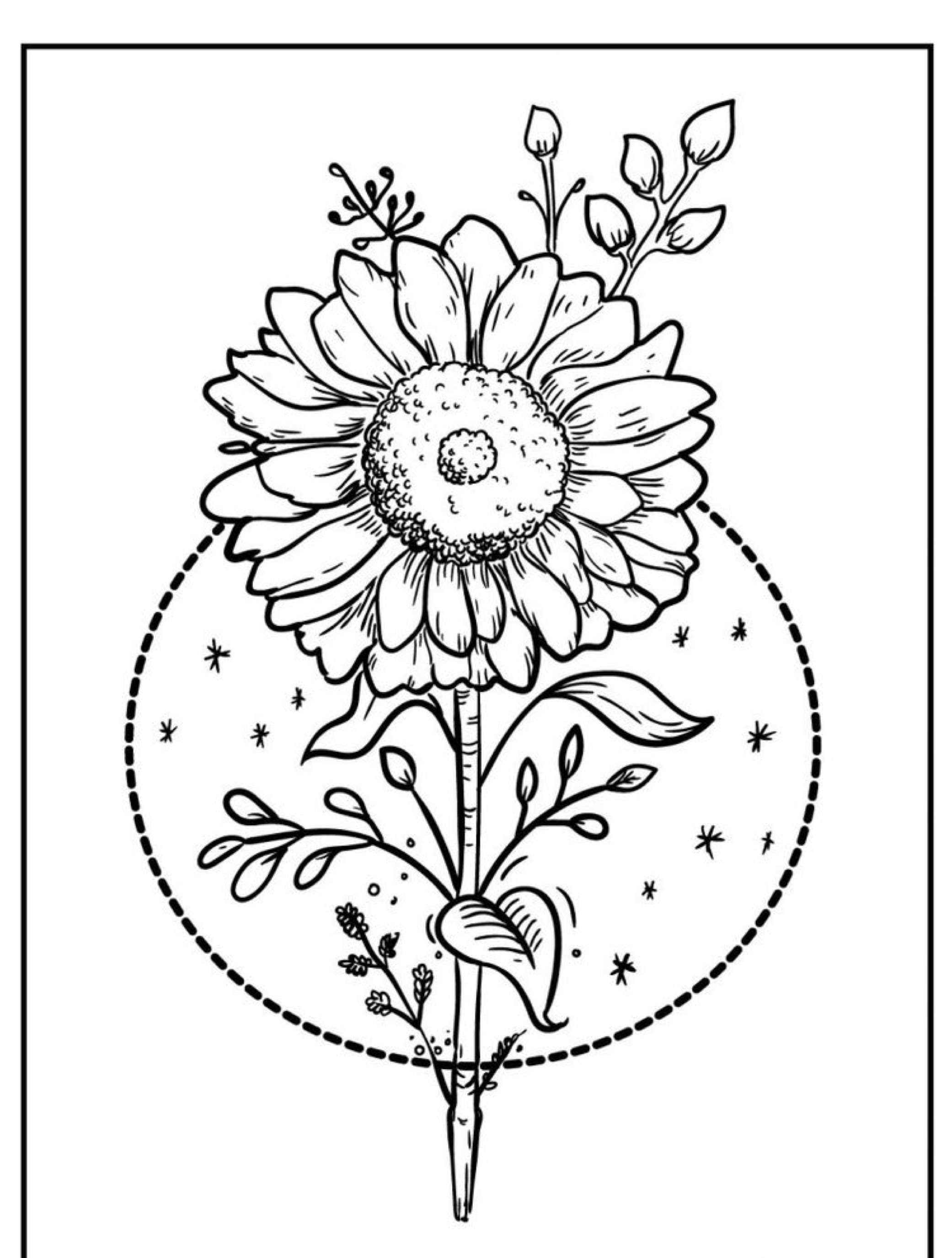 Desenho de uma grande flor desabrochando com pequenas folhas e brotos, em um fundo circular pontilhado com estrelas. Perfeito para quem procura flores para colorir ou um lindo desenho de flores para dar vida.