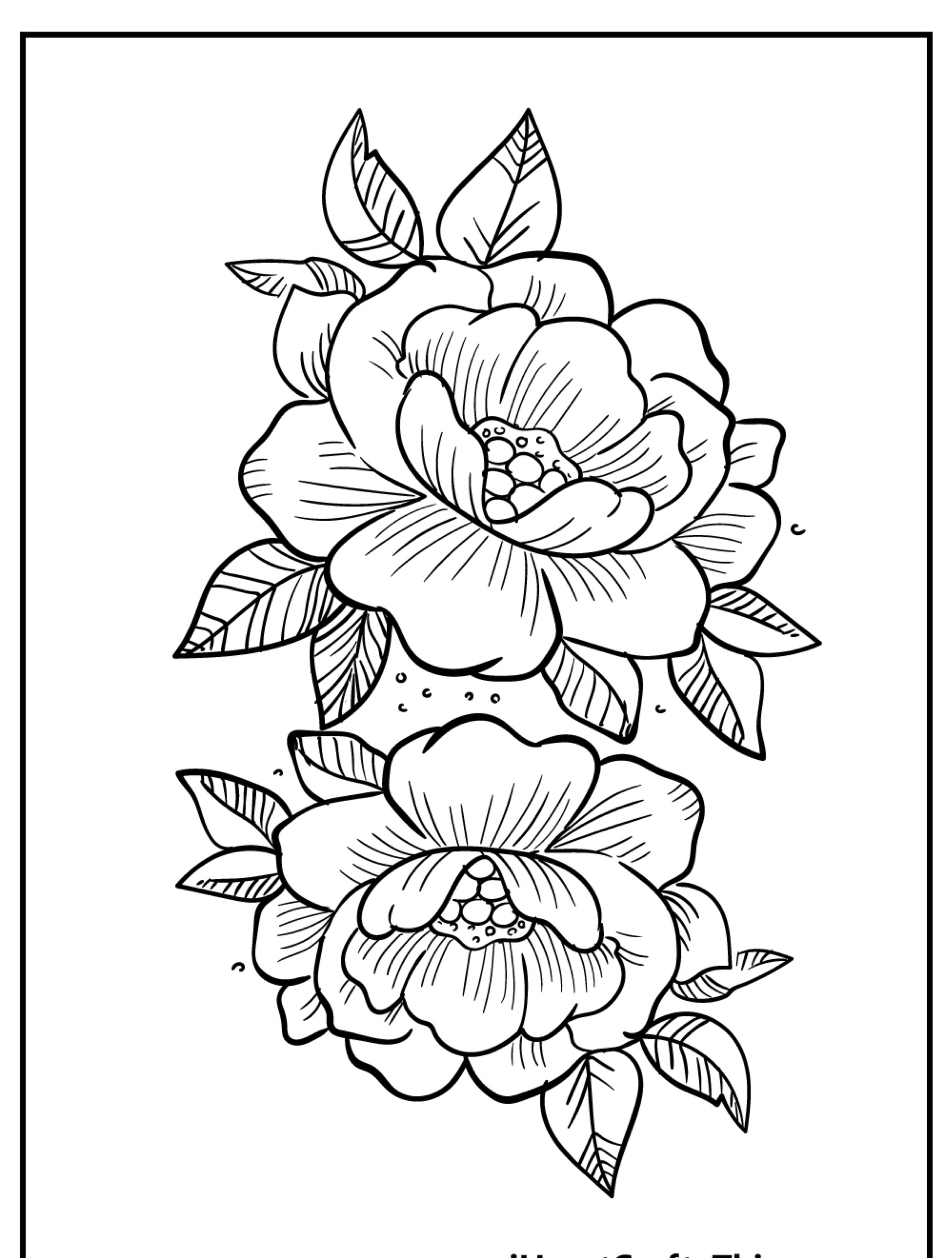 Ilustração em preto e branco de duas flores desabrochando com folhas, dispostas verticalmente, contornadas em uma moldura retangular. Desenho de flores perfeito para colorir ou até mesmo imprimir para projetos de artesanato.