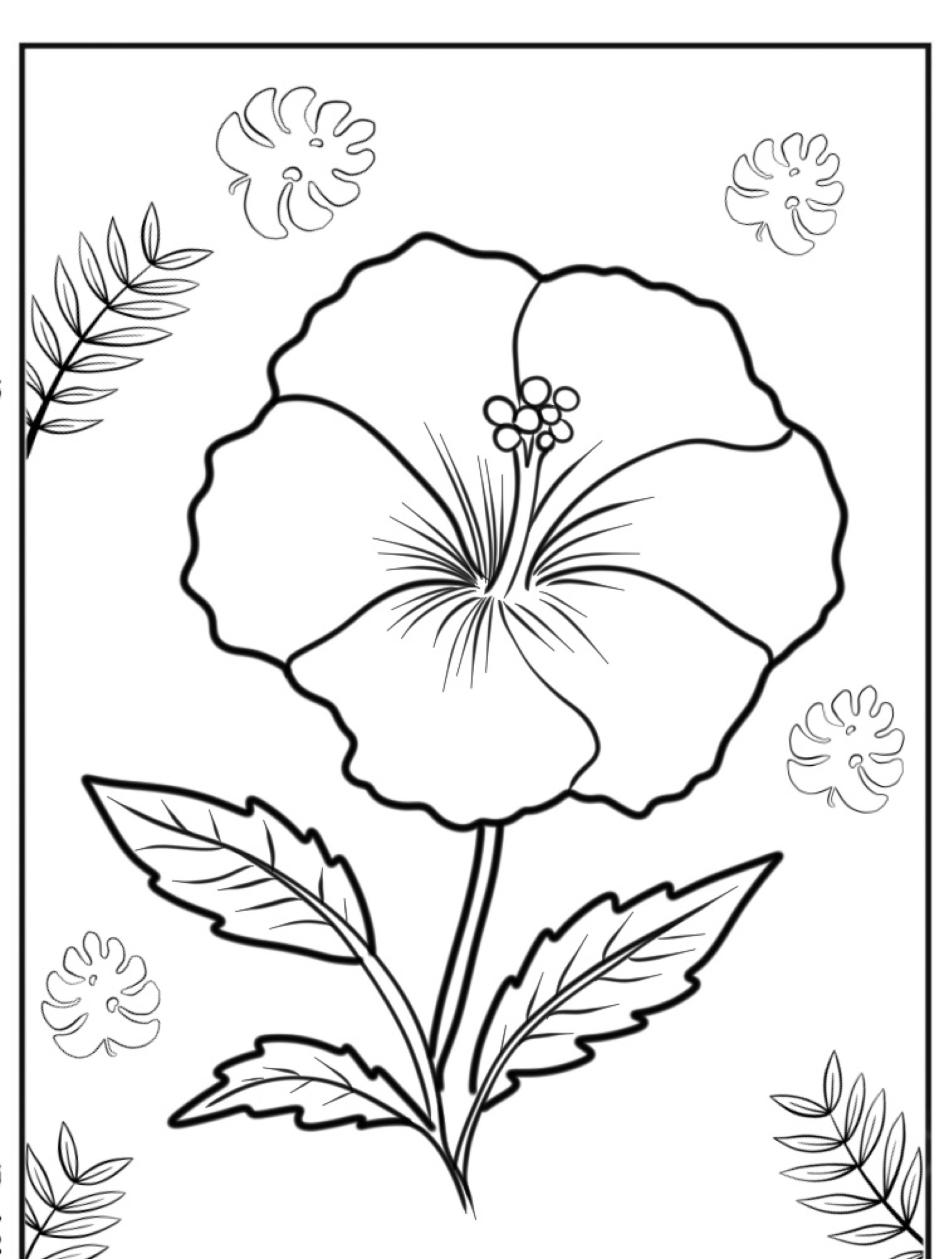 Desenho de flores em preto e branco de uma flor de hibisco com folhas e elementos florais decorativos ao redor, perfeito para imprimir ou colorir.