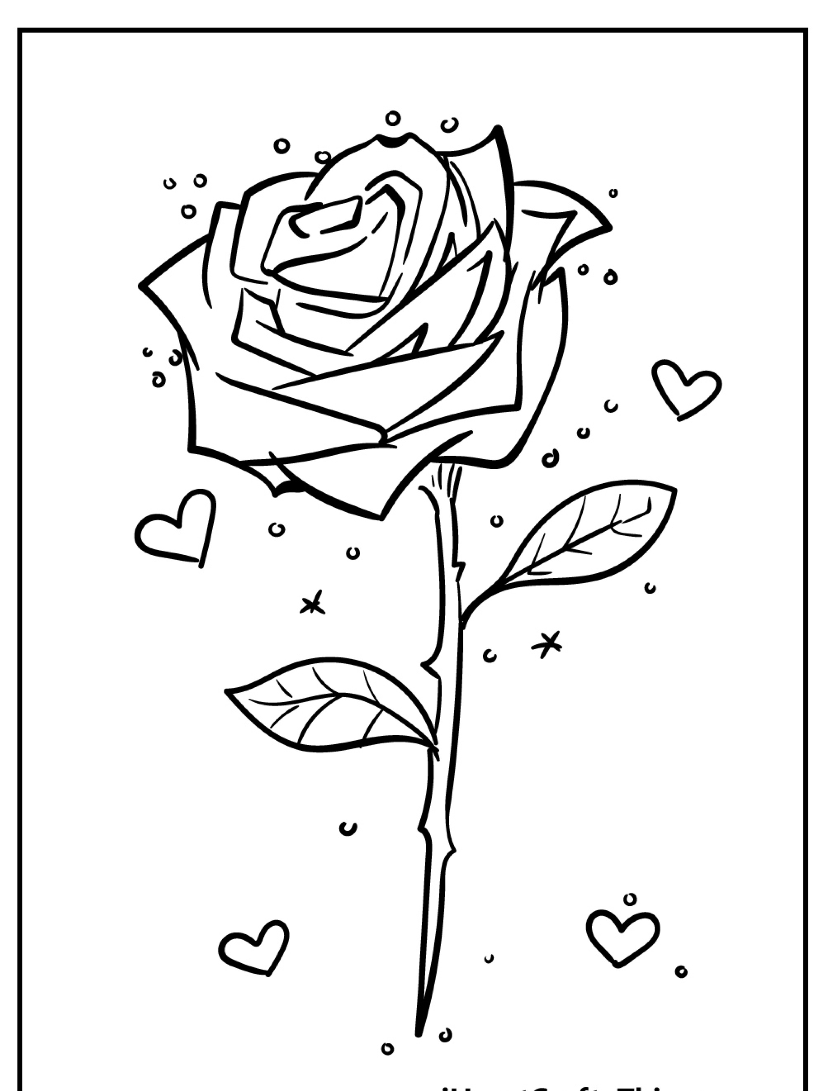 Um desenho de flores em preto e branco de uma rosa com pequenos corações e estrelas ao redor, perfeito para colorir ou imprimir.