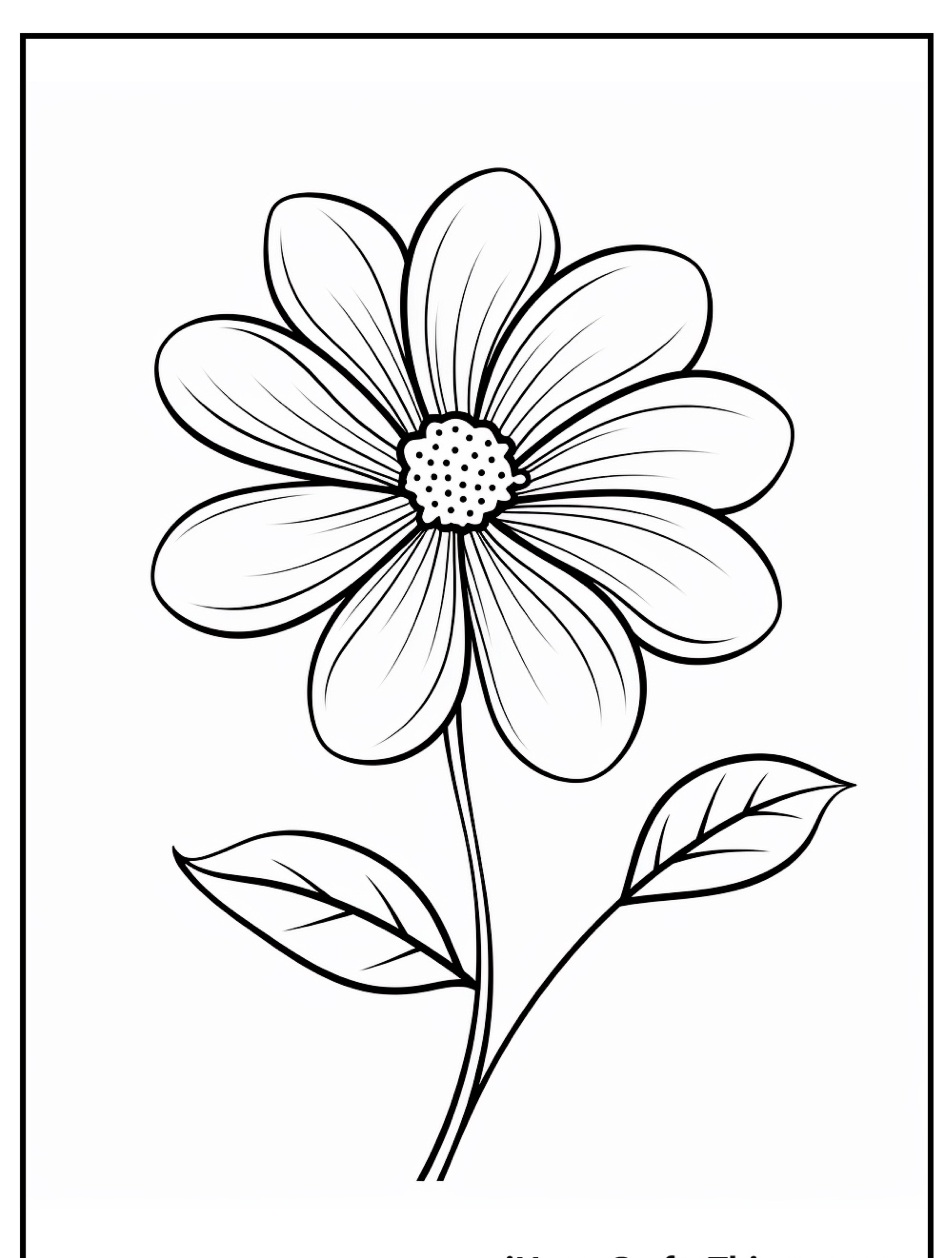 Desenho em preto e branco de uma flor parecida com uma margarida com duas folhas em um caule simples, perfeito para imprimir e colorir, sobre um fundo simples.