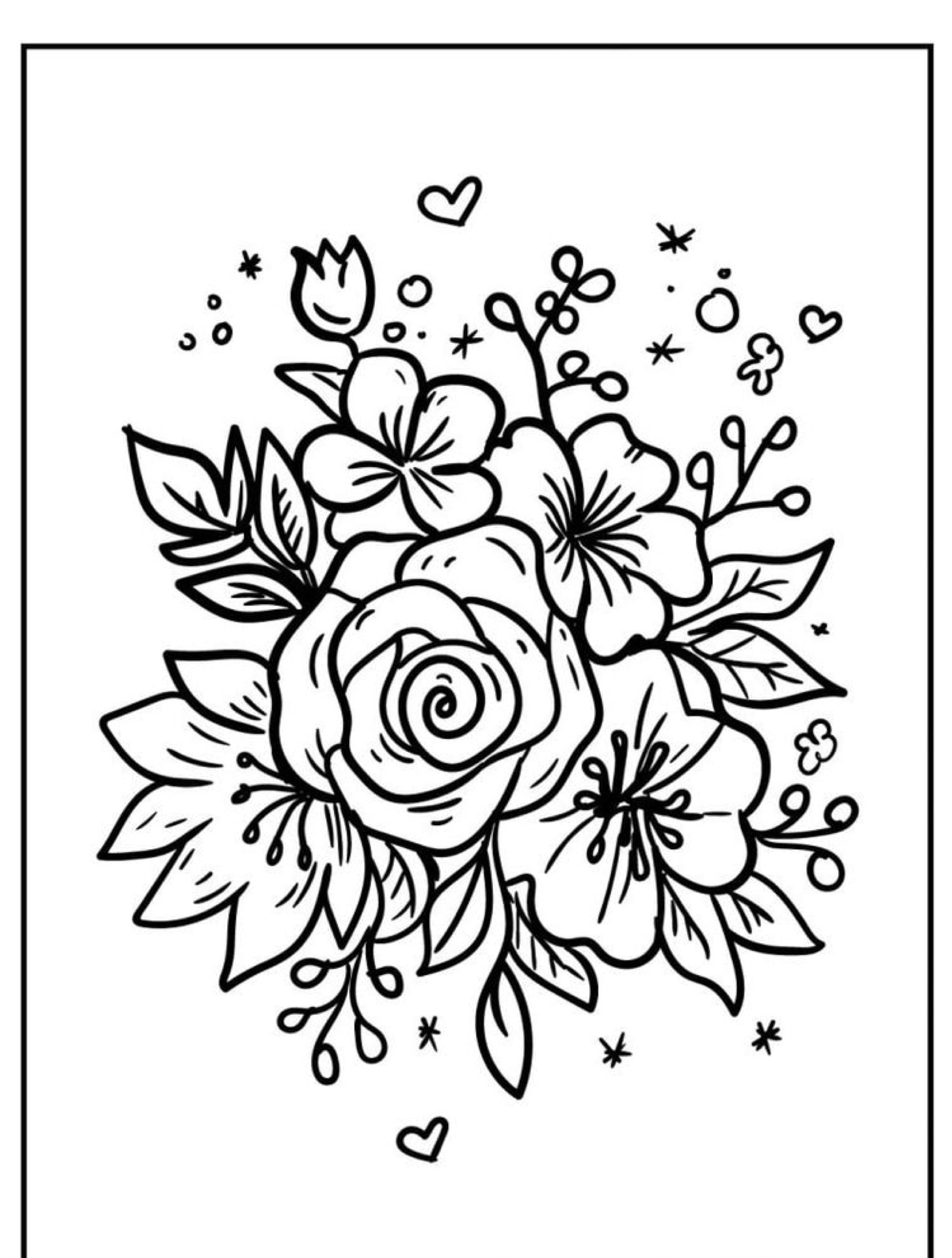 Ilustração floral em preto e branco com várias flores, folhas e pequenos elementos decorativos, emoldurados em uma borda retangular. Perfeito para imprimir e colorir para uma atividade relaxante.