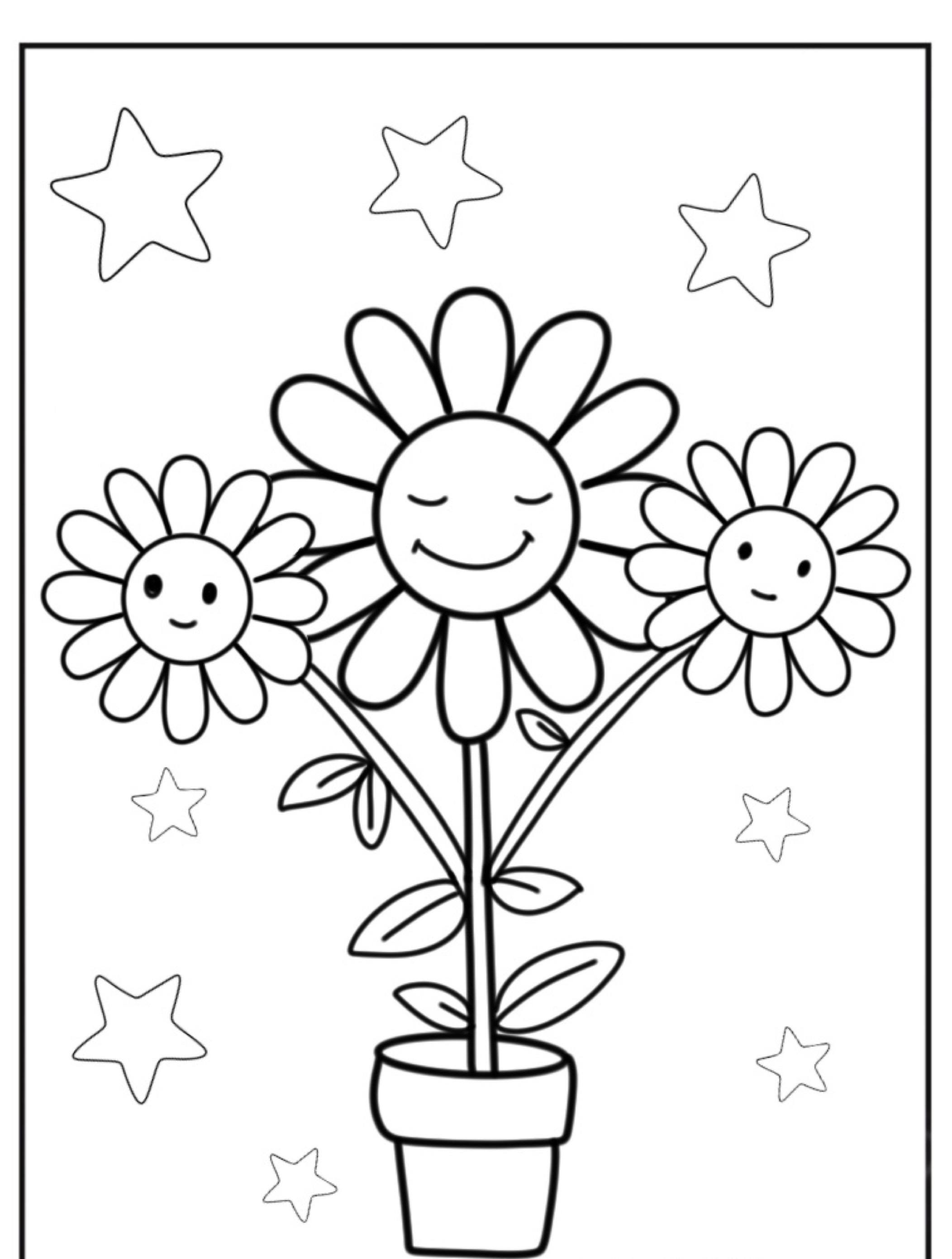 Página para colorir de uma planta em vaso com três flores felizes e sorridentes e estrelas ao fundo. Perfeito para as crianças imprimirem e colorirem, este desenho de flores trará alegria e criatividade ao dia do seu pequeno.