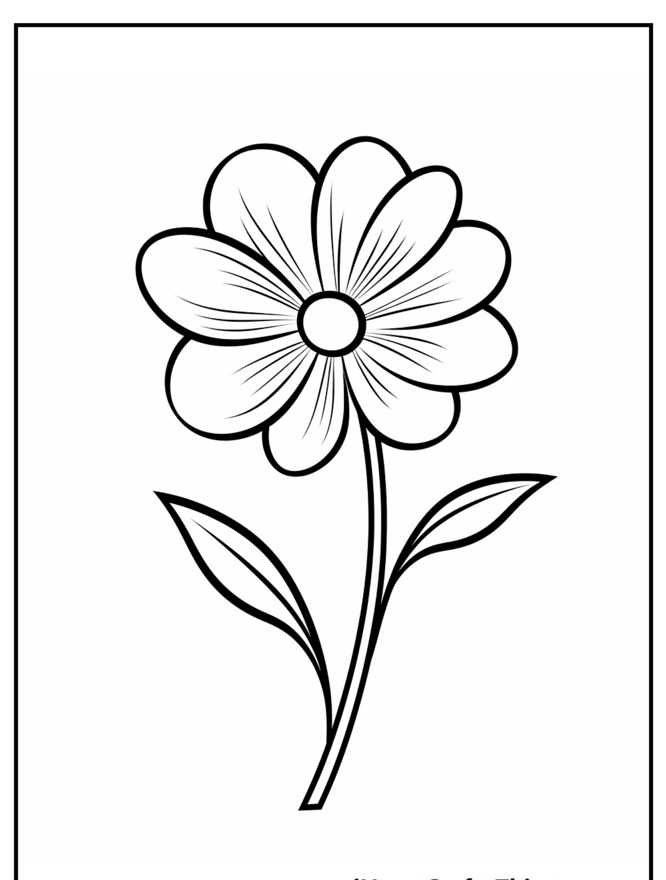 Um desenho simples e delineado de uma única flor com seis pétalas, duas folhas e um caule longo; perfeito como flores para colorir.