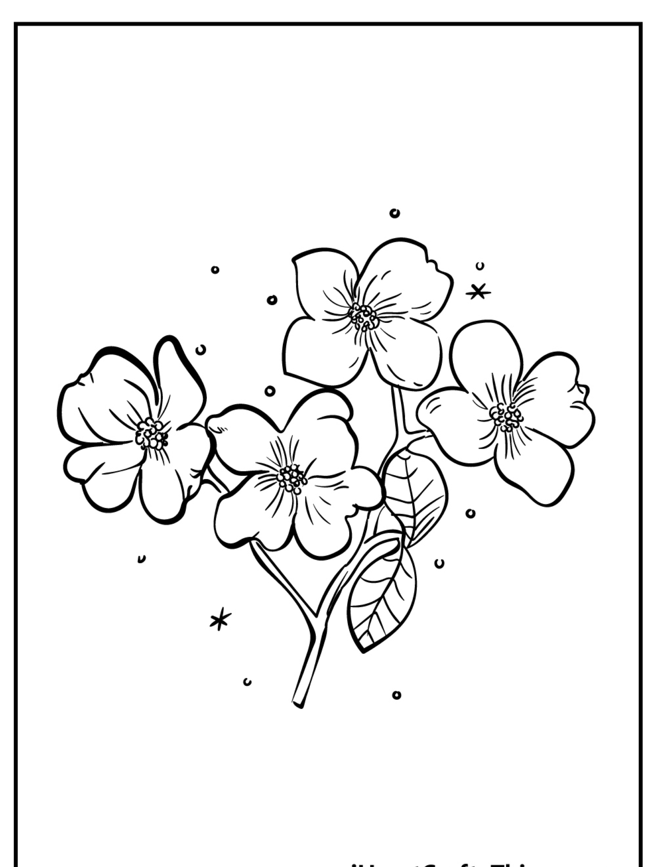 Um desenho simples de um galho com quatro flores desabrochando e duas folhas, perfeito para colorir. Manchas cercam as flores neste Desenho de flores.