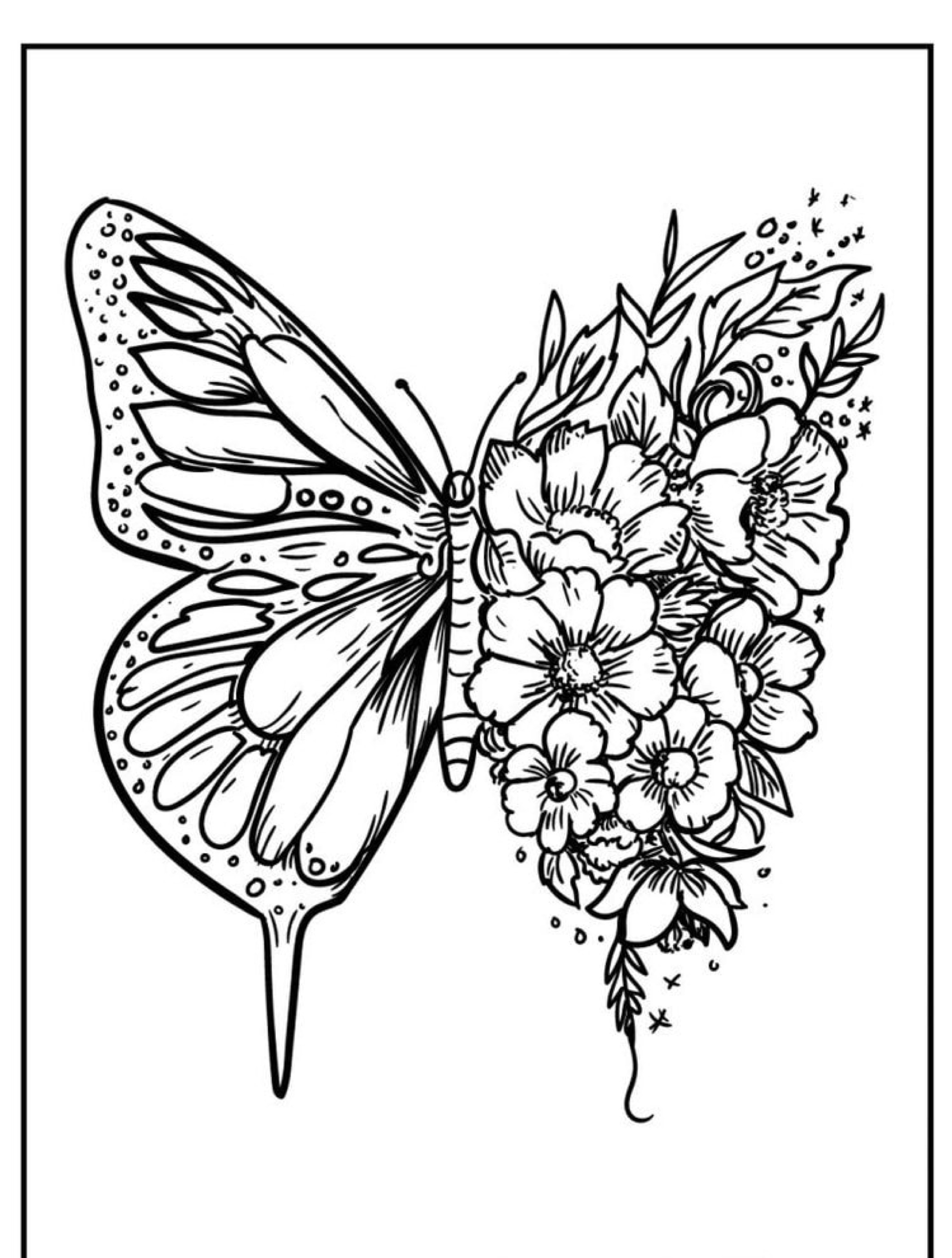 Uma borboleta com uma asa feita de flores em um desenho em preto e branco, perfeito para imprimir e colorir.