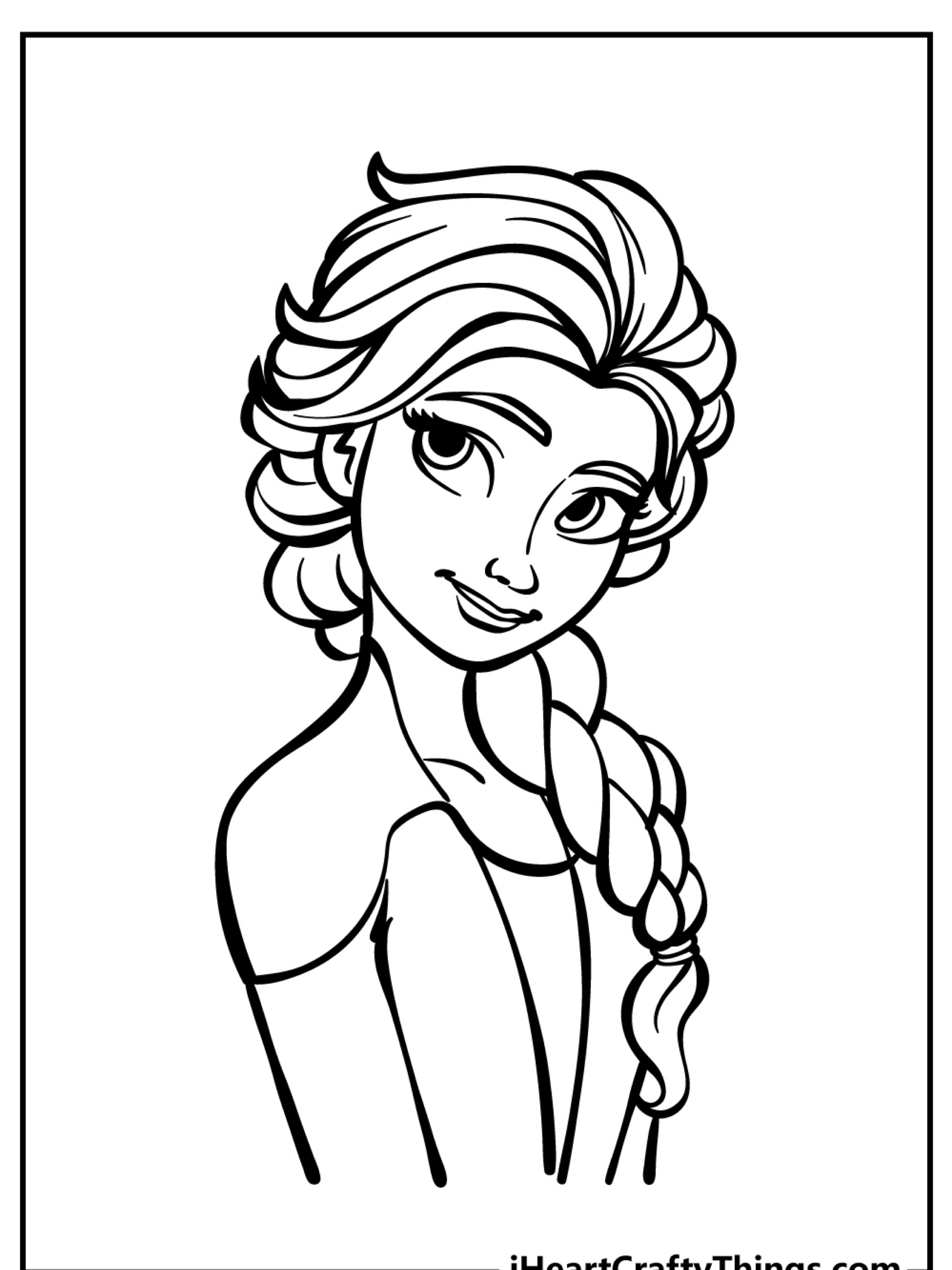 Uma página para colorir em preto e branco representando uma garota de desenho animado com uma trança, usando um top tomara que caia e inclinando a cabeça. Ideal para quem quer colorir ou imprimir. Inspirado no Desenho da Frozen.