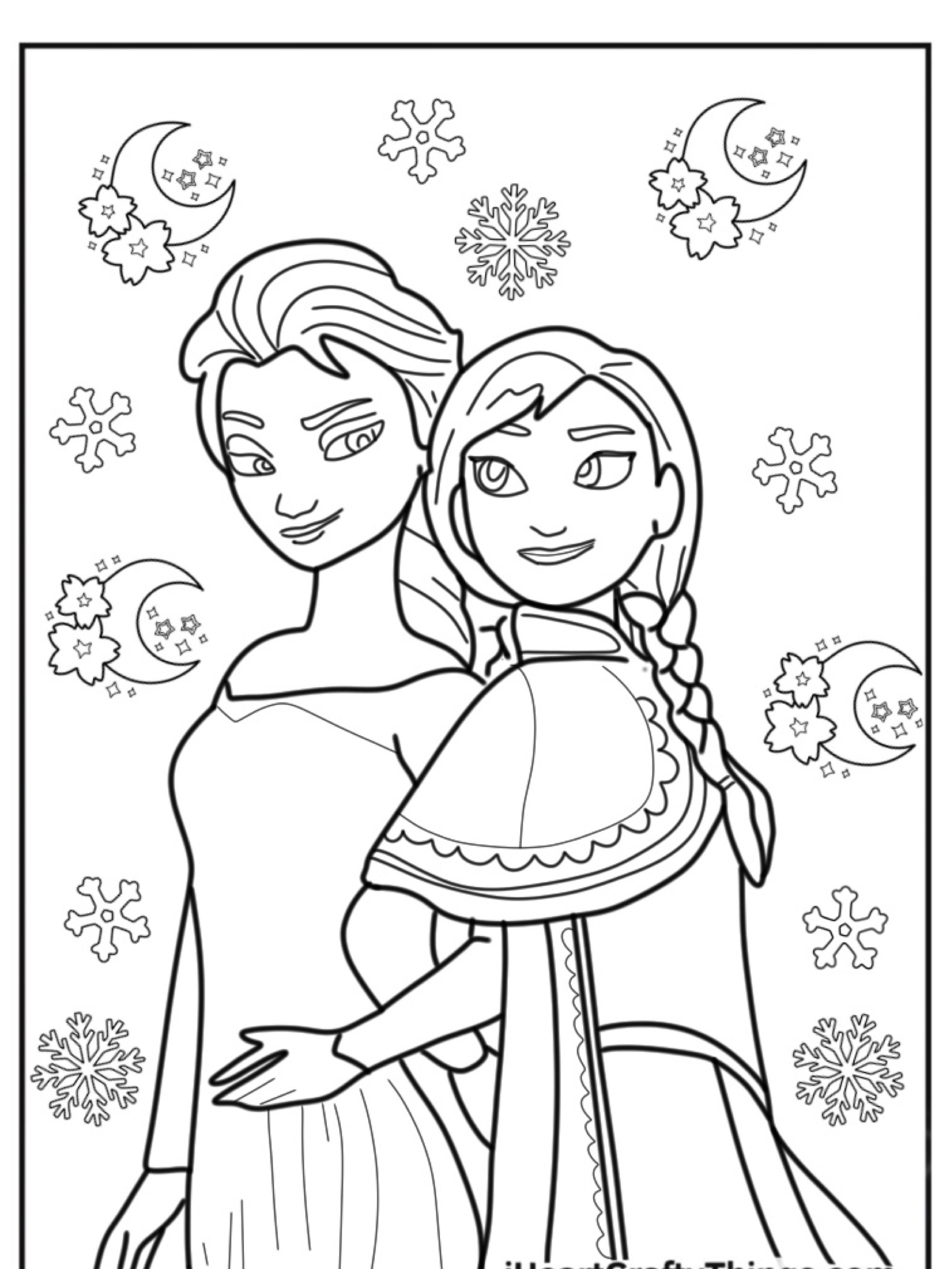 Duas personagens femininas animadas juntas, cercadas por flocos de neve, estrelas e luas crescentes ao fundo. Perfeito para fãs de Frozen imprimirem ou para colorir!