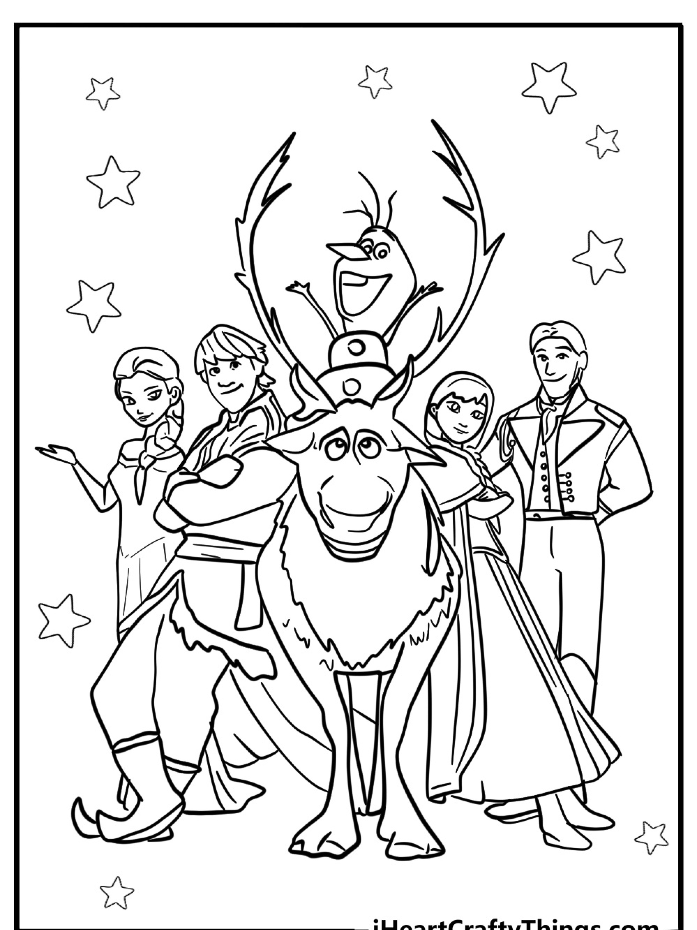 Um grupo de personagens animados estão juntos posando confiantes com estrelas ao fundo, lembrando uma cena de Desenho de Frozen pronta para colorir.