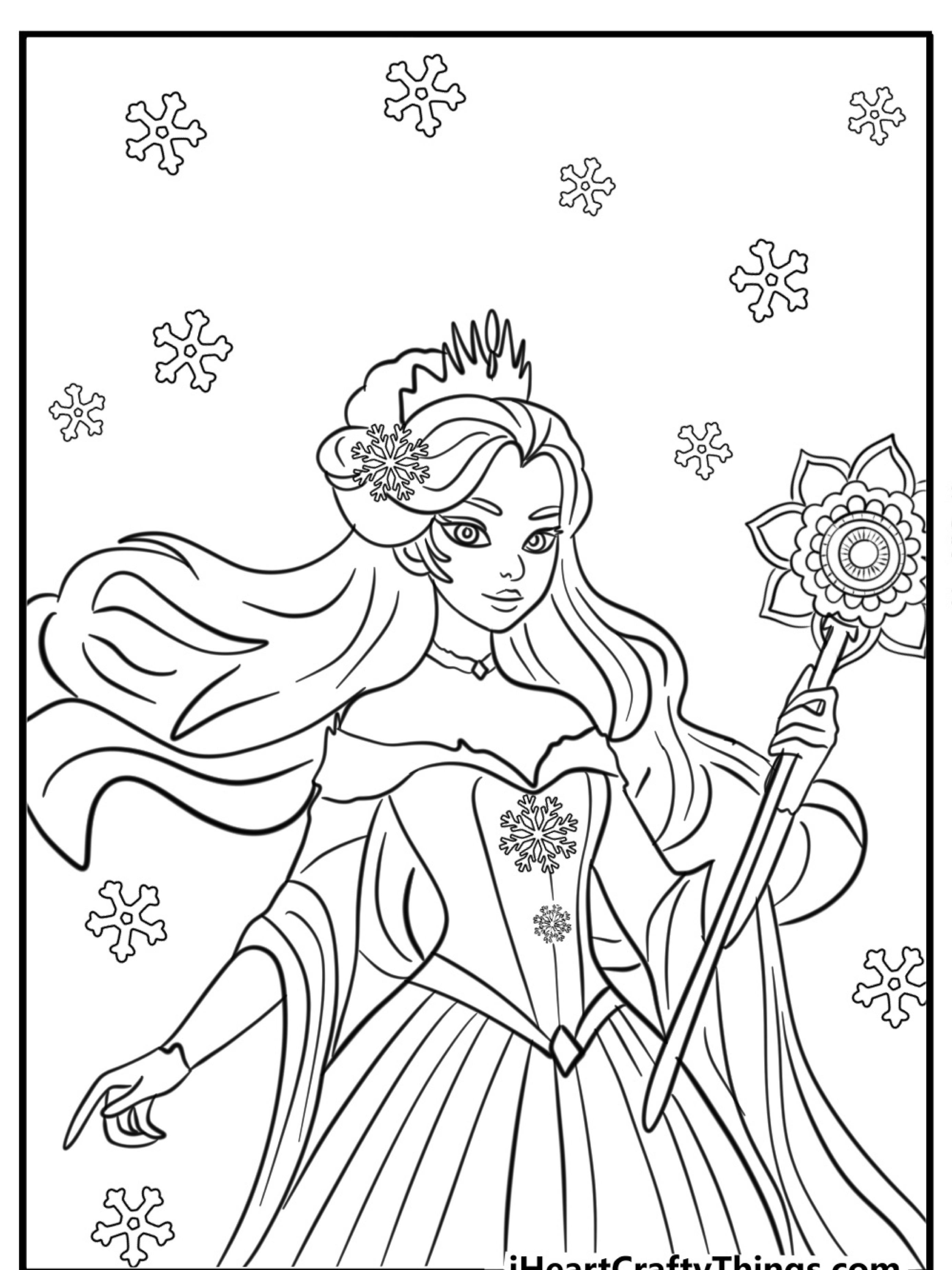 Uma princesa com cabelos soltos segura uma varinha, cercada por flocos de neve, neste Desenho de Frozen para colorir em preto e branco.