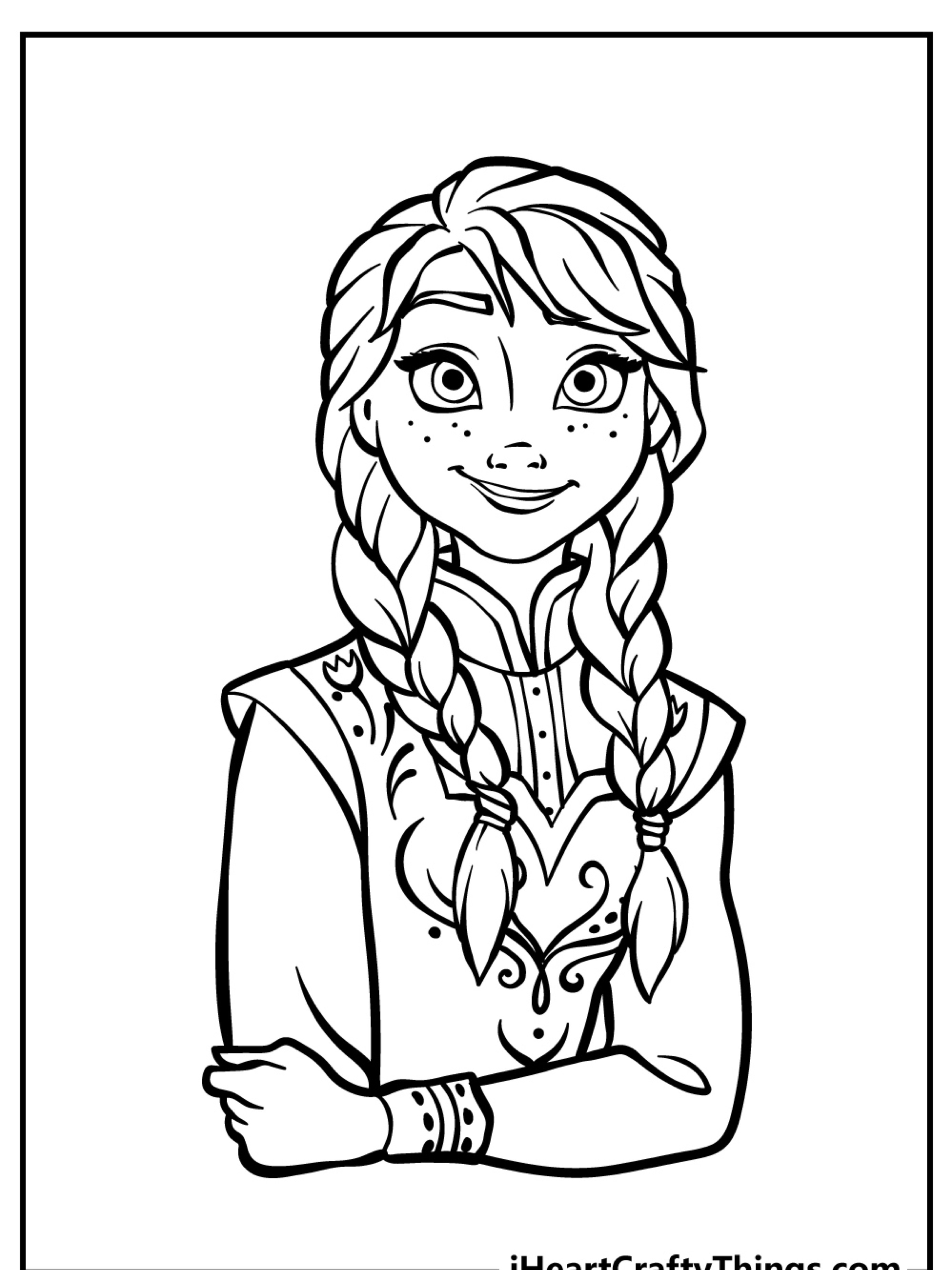 Uma página para colorir com tema Frozen apresentando uma personagem feminina com tranças e uma roupa decorada, sorrindo com os braços cruzados.