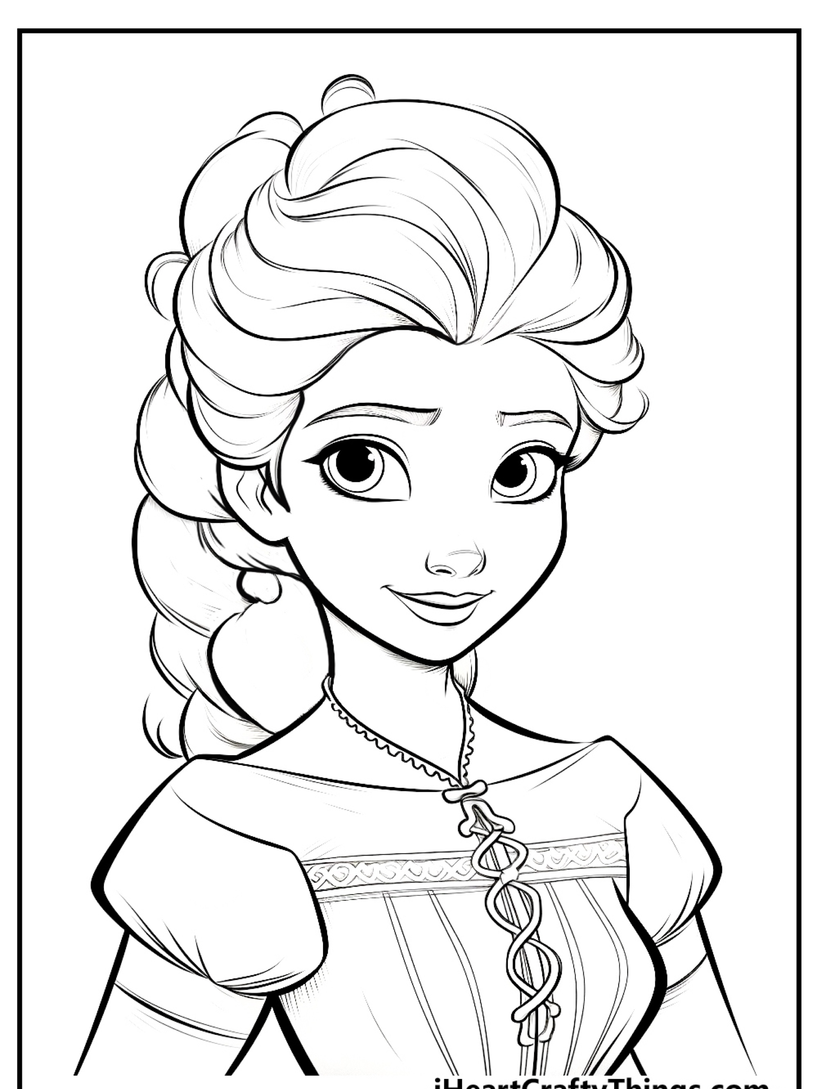 Página para colorir em preto e branco de uma princesa com cabelos longos e trançados, lembrando Frozen, usando um vestido detalhado e um colar. Perfeito para colorir e imprimir.