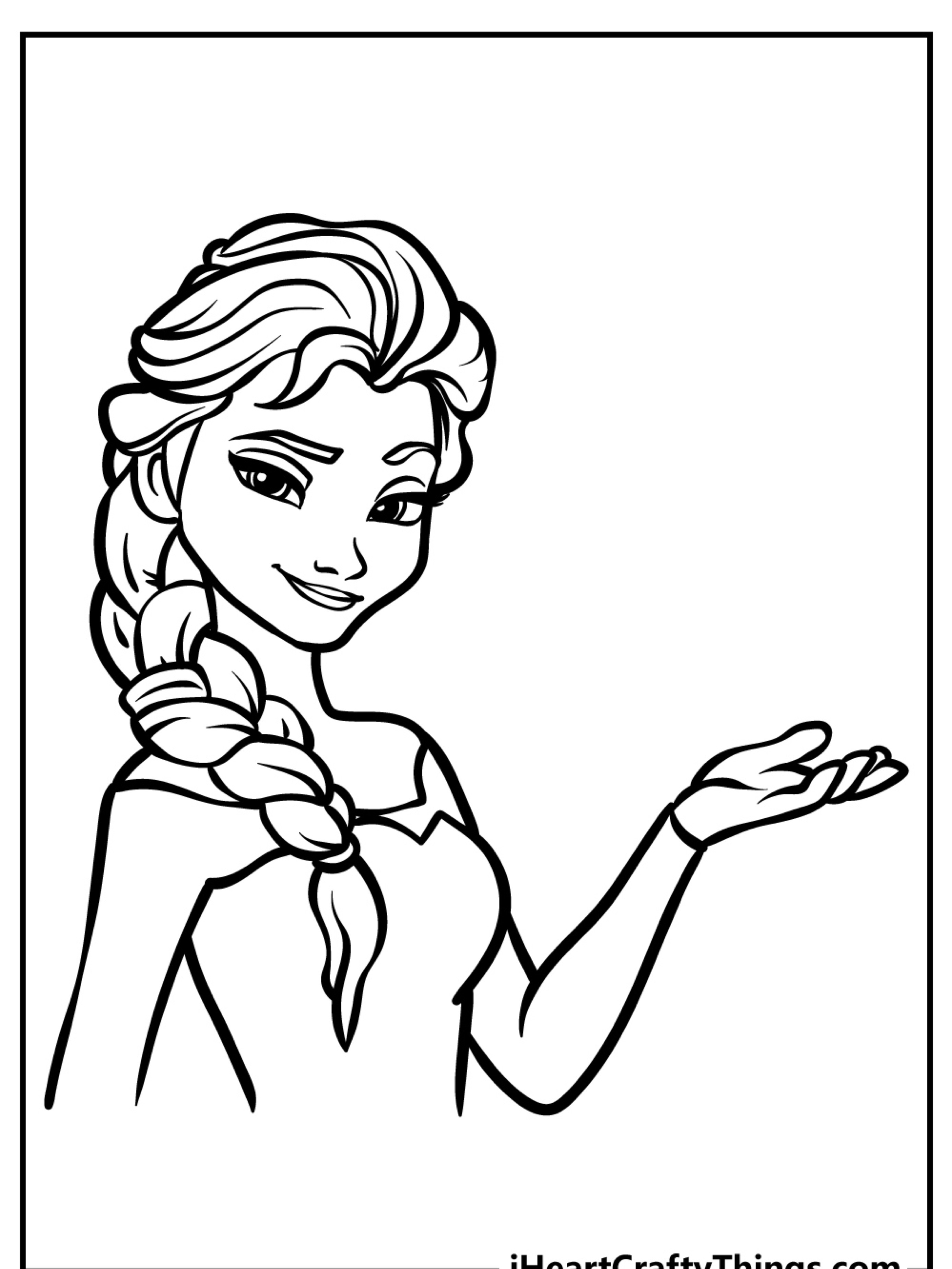 Um desenho em preto e branco de uma princesa com uma trança, sorrindo e estendendo a mão, perfeito para quem gosta de colorir.