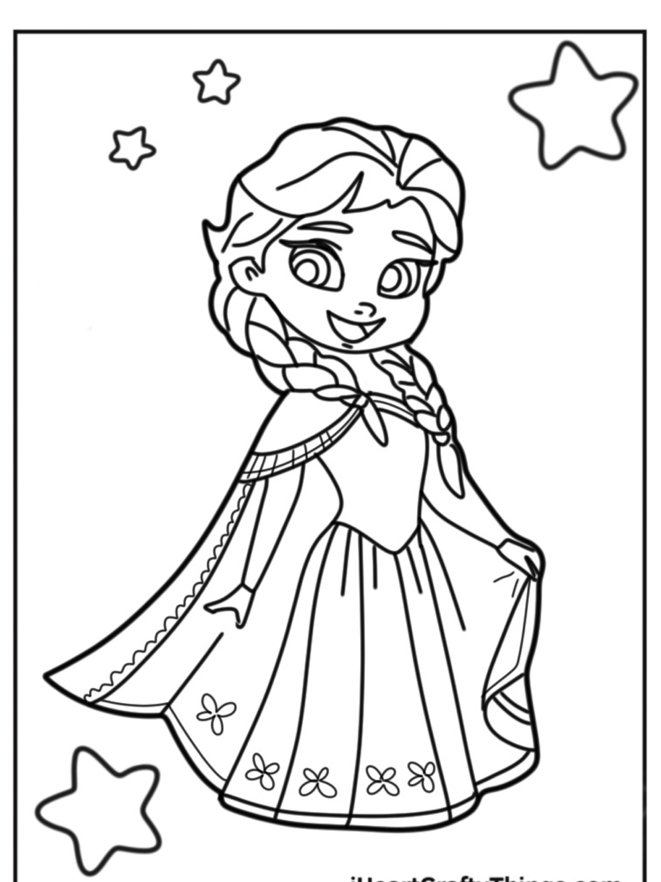 Colorir esta página de desenho com uma princesa sorridente de tranças, usa um vestido e capa, cercada de estrelas parece coisa de conto de fadas, quase como se fosse um momento tirado do universo Frozen.