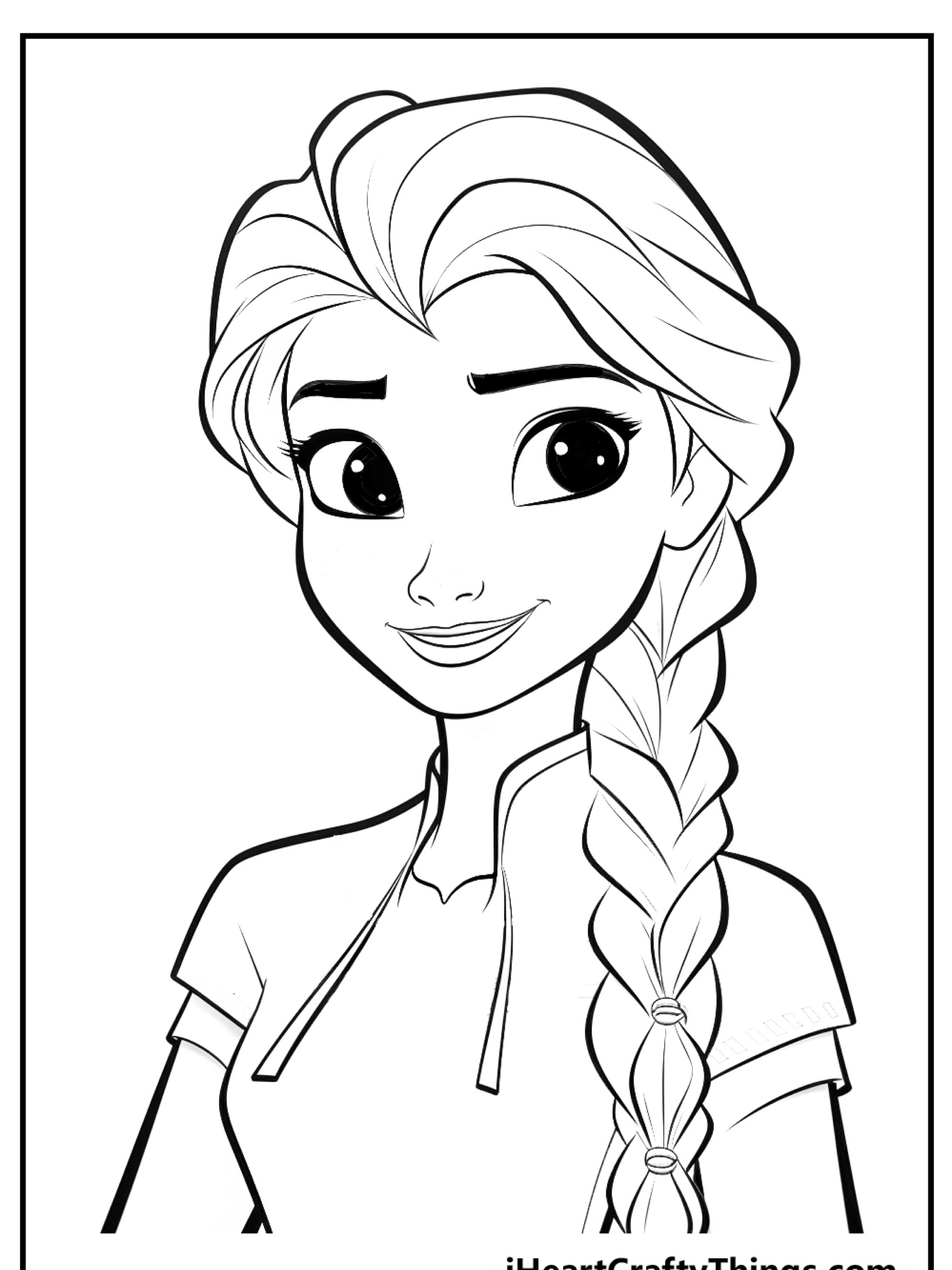 Desenho de uma mulher sorridente com uma trança sobre o ombro, lembrando a personagem de Frozen, vestindo uma camisa com gola alta. Perfeito para imprimir e colorir.