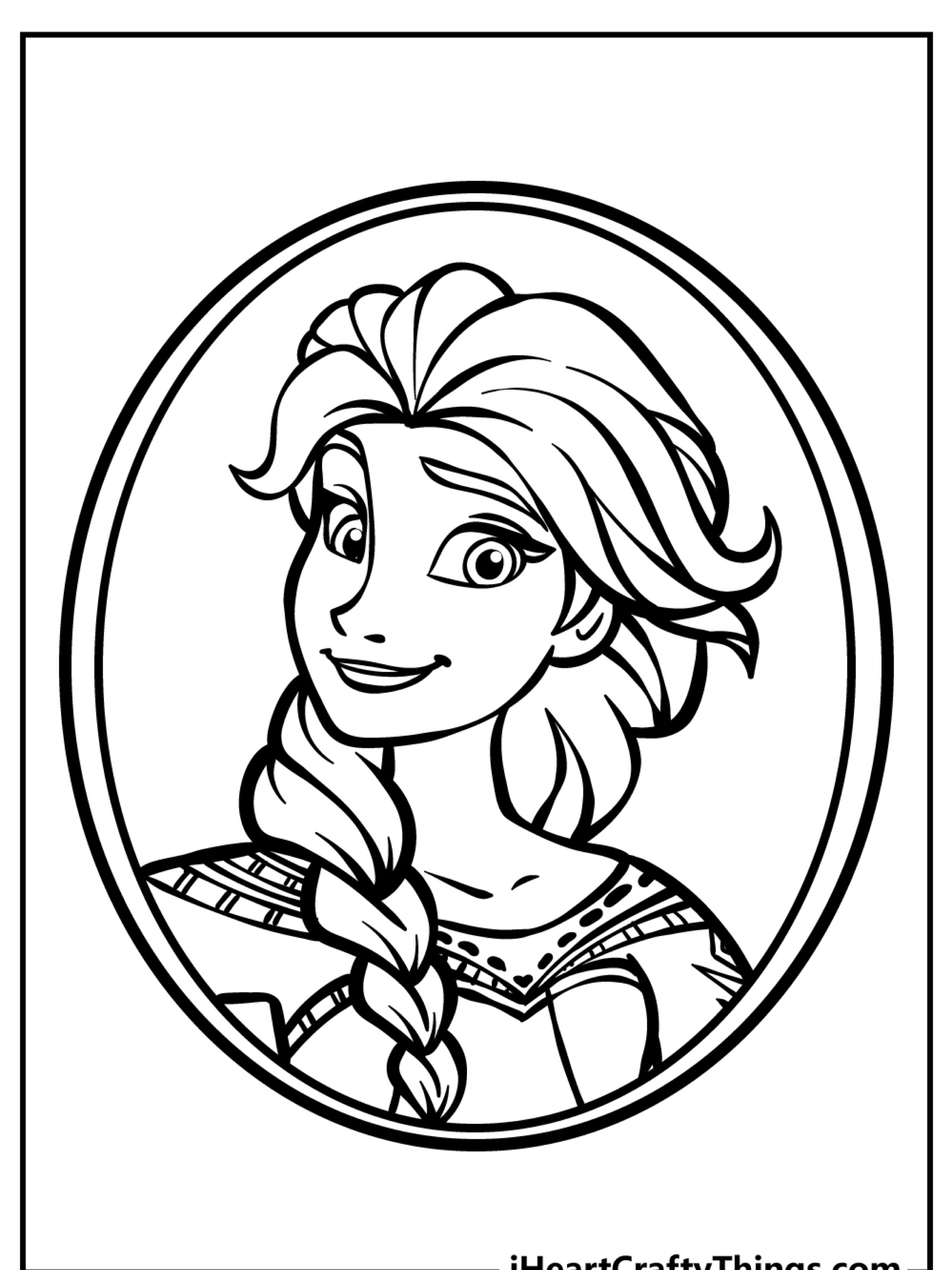 Desenho em preto e branco de uma princesa sorridente com uma trança dentro de uma moldura oval, perfeito para colorir.