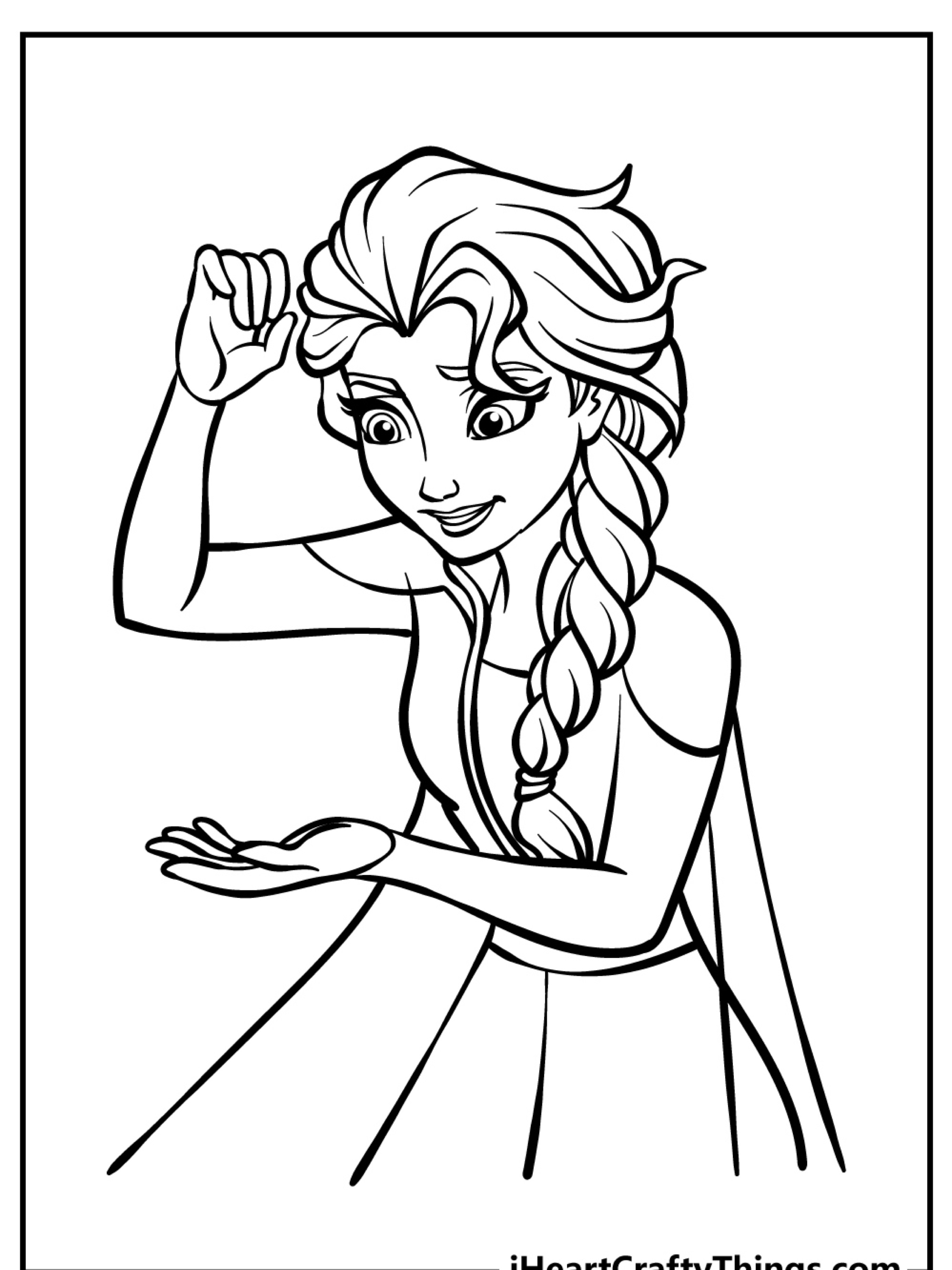 Uma página para colorir em preto e branco de uma menina com cabelo trançado, que lembra um Desenho da Frozen, olhando para sua palma aberta com uma expressão curiosa. Ideal para colorir e imprimir.