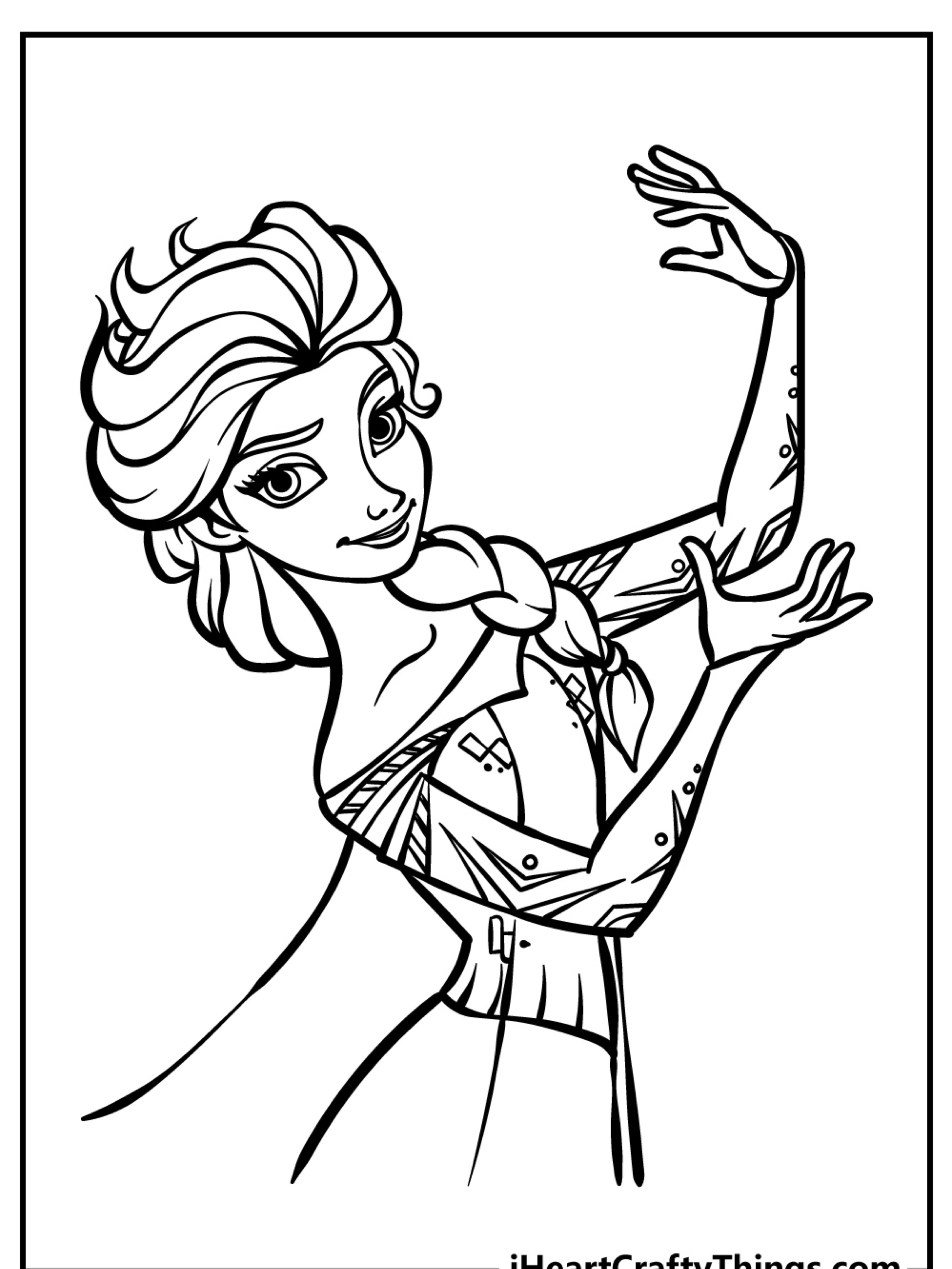 Ilustração para colorir em preto e branco de uma princesa com cabelos trançados e um vestido esvoaçante, fazendo uma pose graciosa inspirada em Frozen, pronta para imprimir e colorir.