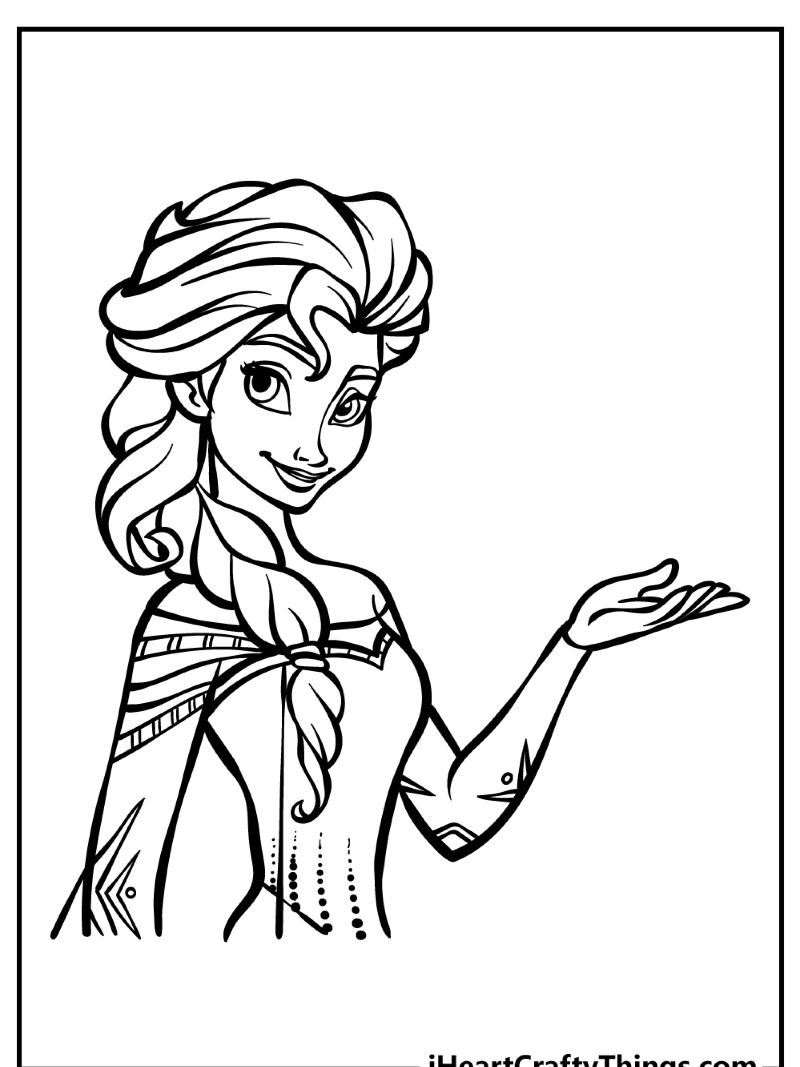 Desenho de uma mulher sorridente com uma trança, estendendo a mão esquerda. Ela usa um vestido ombro a ombro, que lembra personagens de "Frozen". Perfeito para colorir!