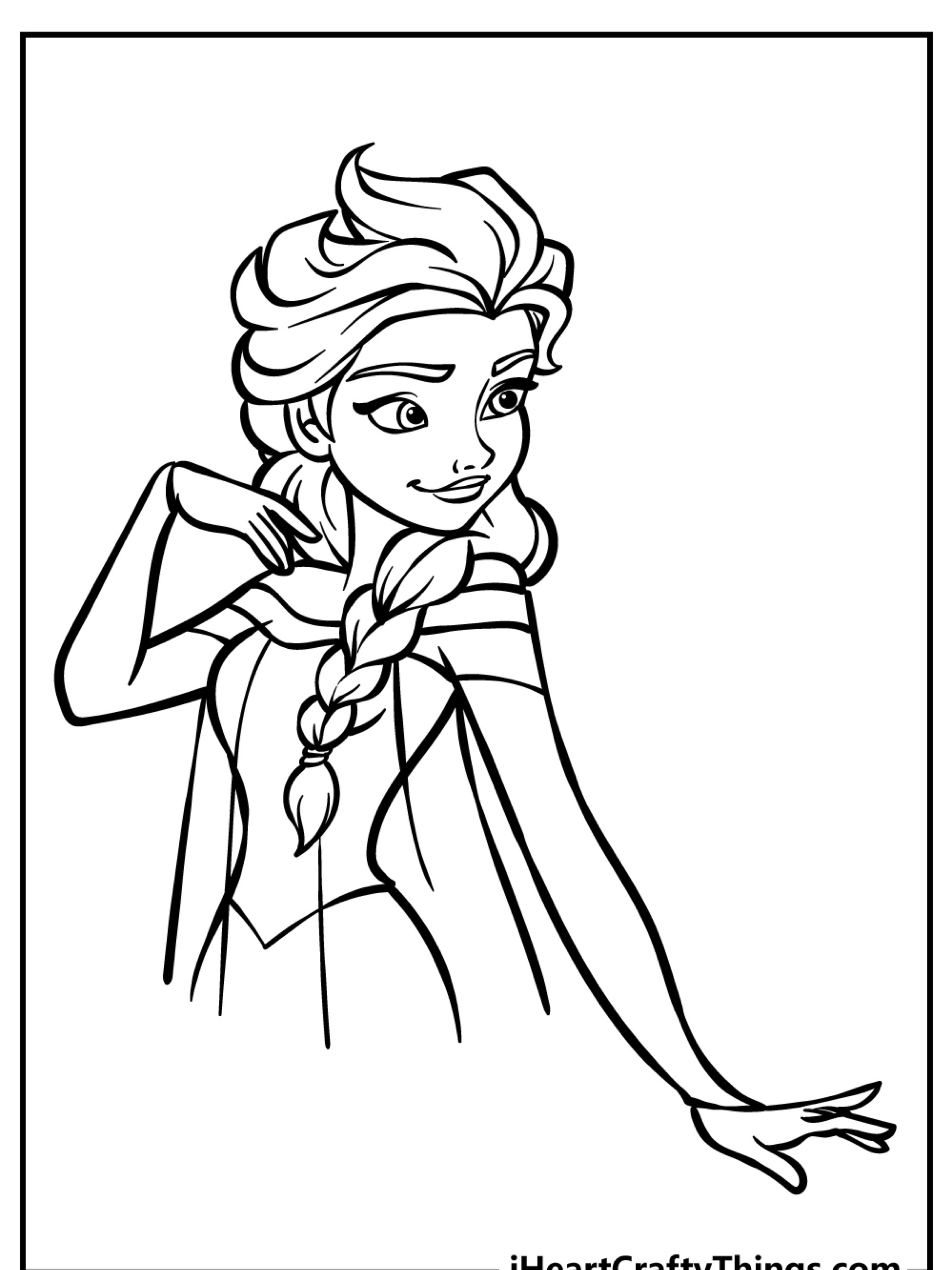 Uma página para colorir em preto e branco de uma personagem feminina animada com cabelo trançado, olhando para o lado com um braço estendido. Ideal para fãs de Frozen para colorir, este delicioso desenho da Frozen está pronto para imprimir e aproveitar!